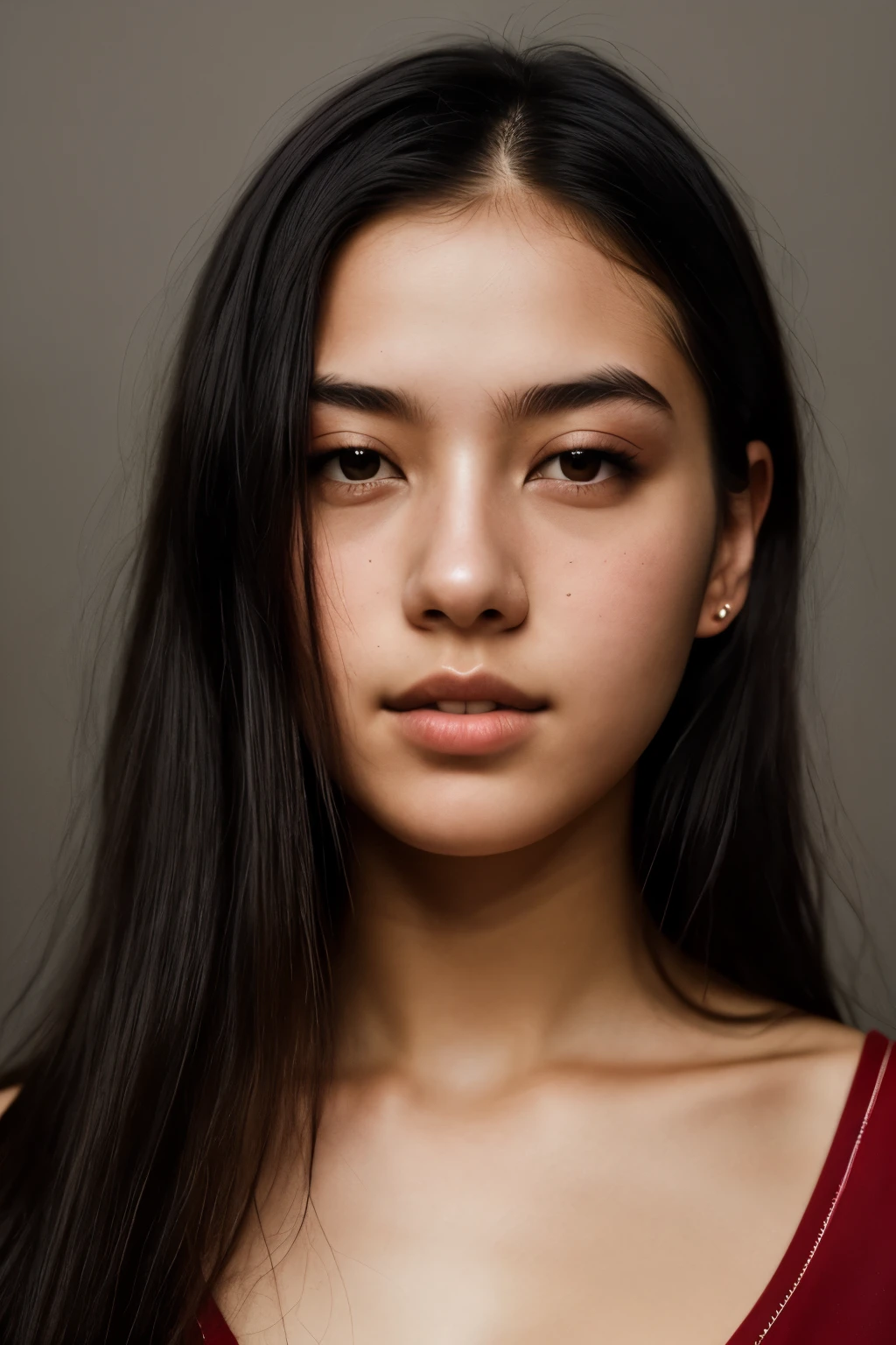 a 20 yo woman,long hair,dark theme,soothing tones,muted colors,high contrast,(natural skin texture, hyperrealism, soft light, sharp),red background,dark,