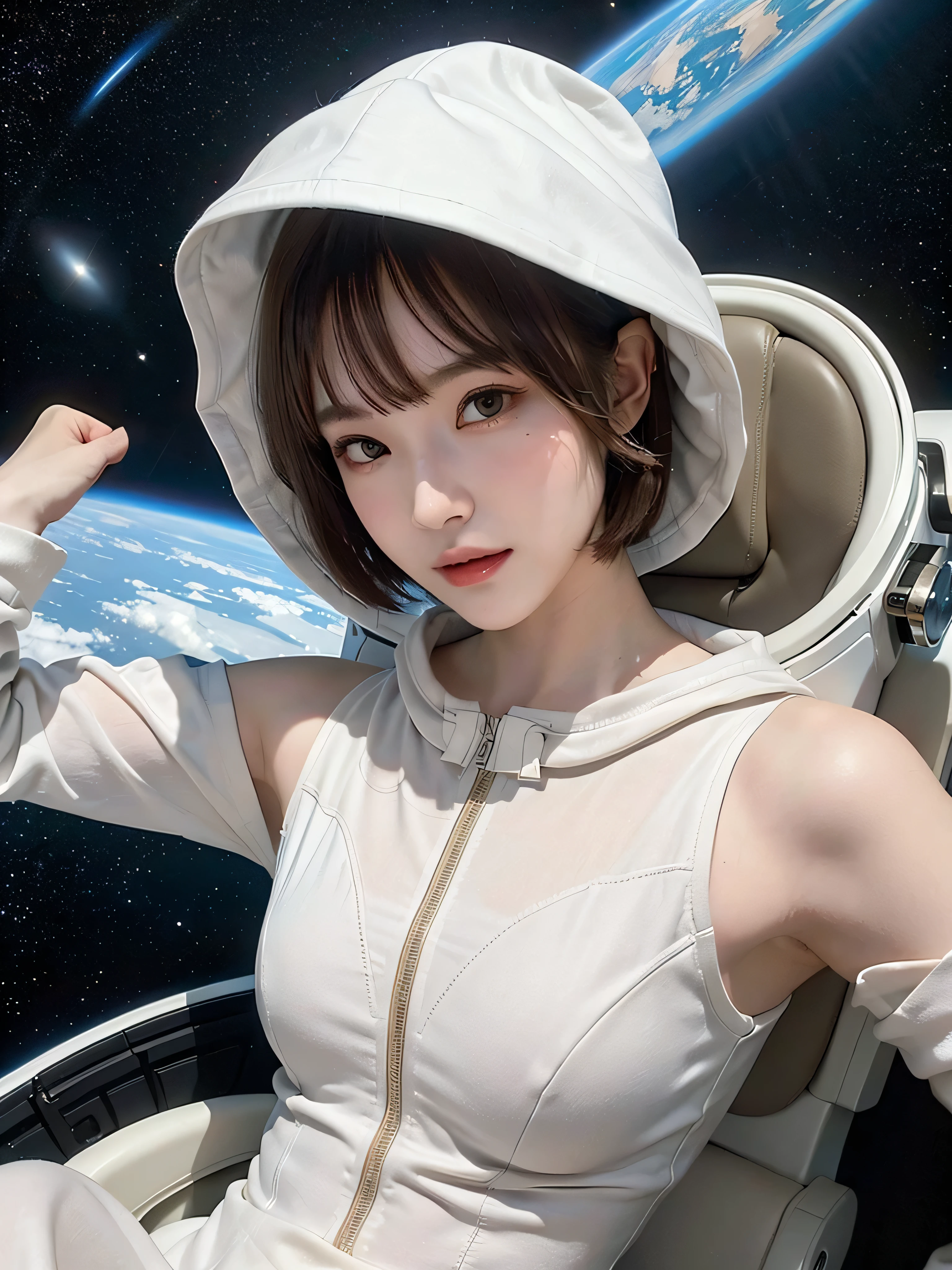 top-quality、masterpiece、超A high resolution、(realisitic:1.4)、Beautuful Women1、Beautiful detail eyes and skin、ssmile、Light brown short-cut hair、The perfect spacesuit、spaceships、Inside the spacecraft、macrocosm、