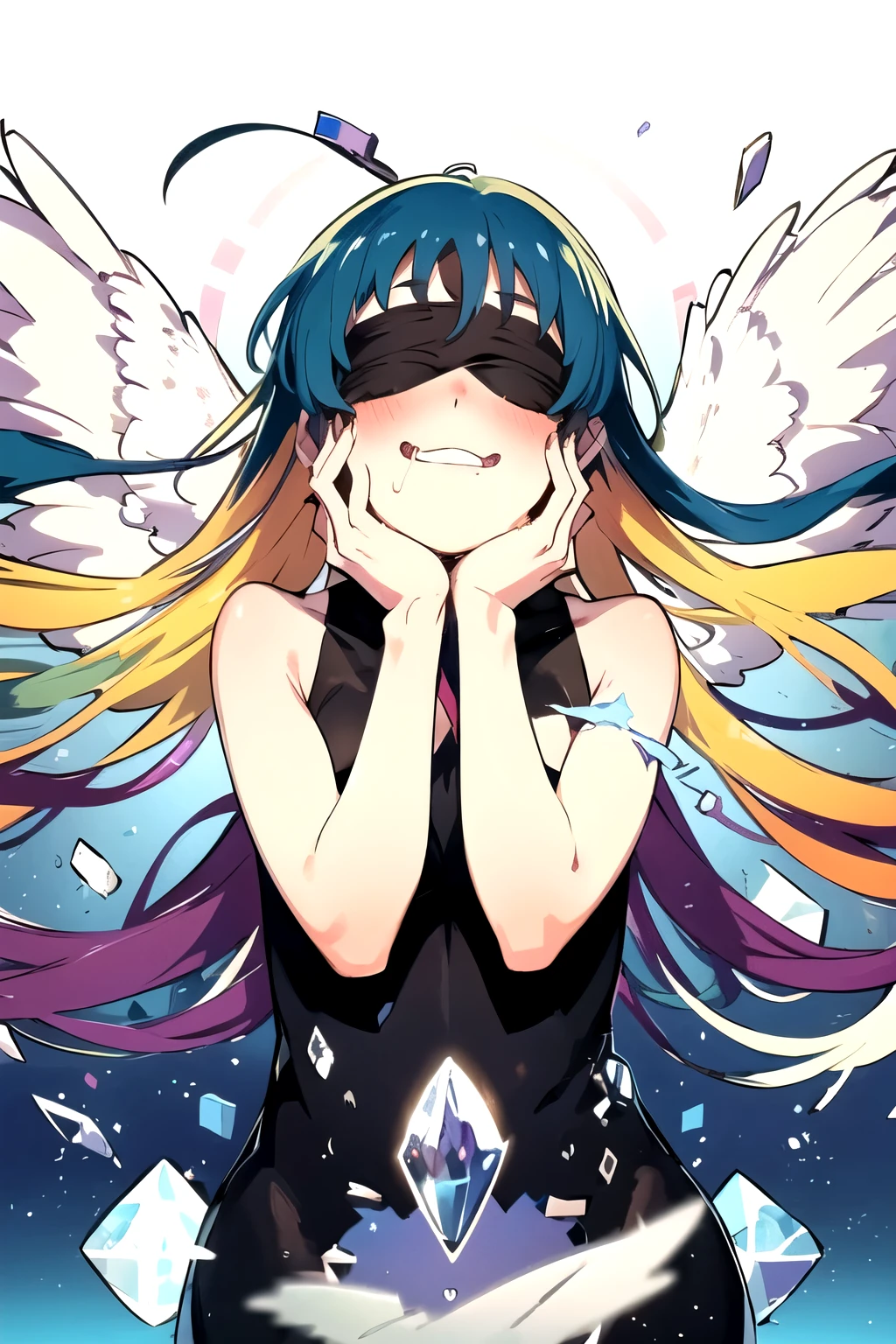 angel, wing, masterpiece, detailed quality, 1girl, solo, gradient background, score_9, source_anime, score_8_up, score_7_up, x3dce, 3d, IncrsXLBrknGls, broken glass, upper body, (reflection), ebiblue, gesugao, glowing eyes, blush, wide smile, hands on face, drool, floating hair, debris, Put on a blindfold