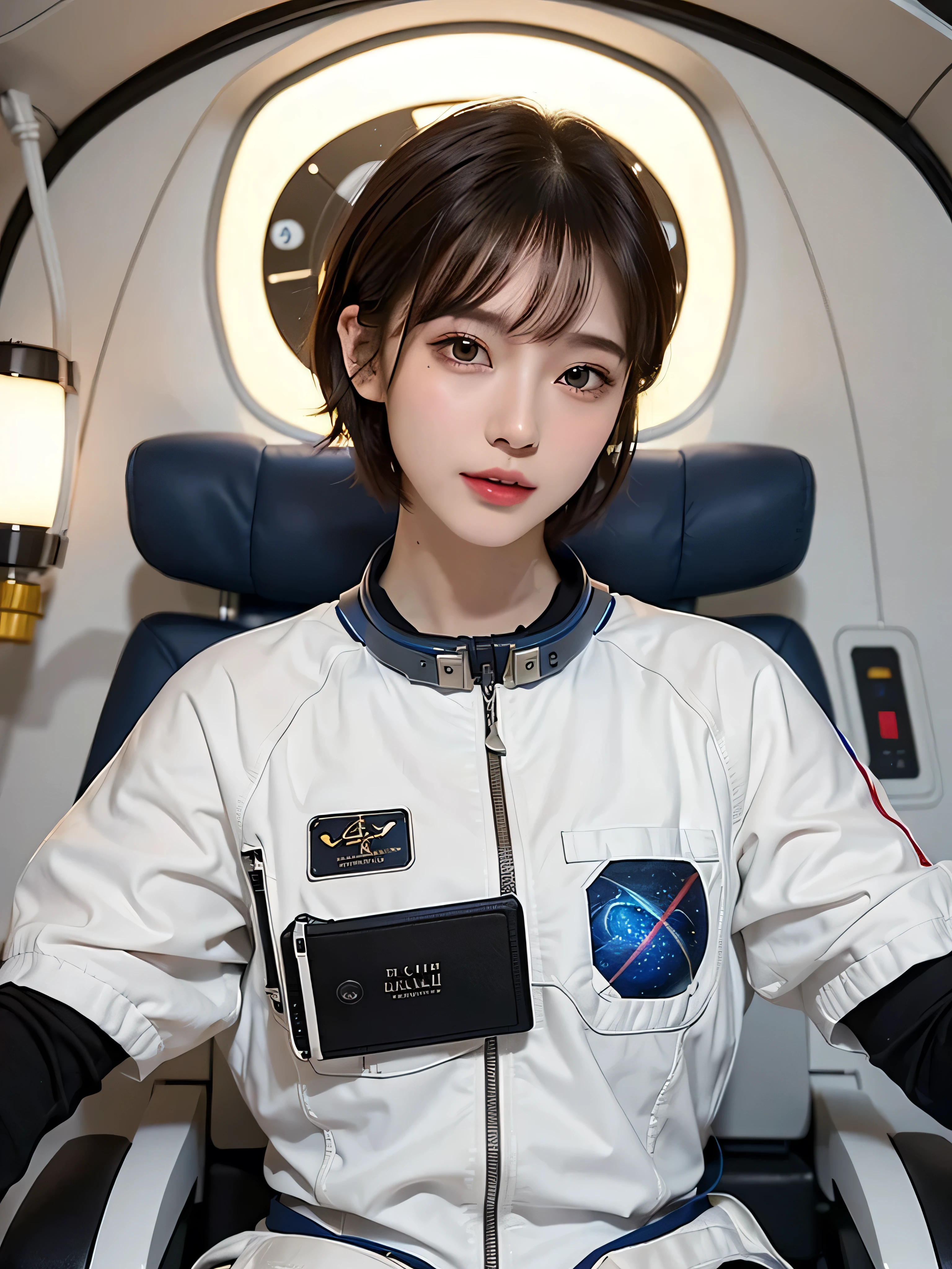 top-quality、masterpiece、超A high resolution、(realisitic:1.4)、Beautuful Women1、Beautiful detail eyes and skin、ssmile、Light brown short-cut hair、The perfect spacesuit、spaceships、Inside the spacecraft、macrocosm、