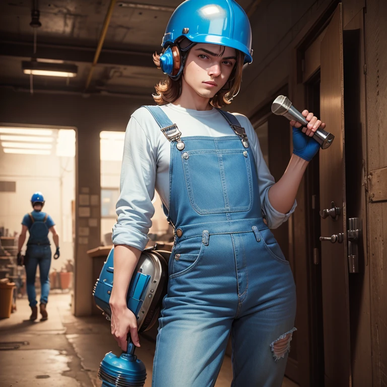 4k, Comic Babes, Man in Blue Overalls, with Helmet and a Wrench in His Hand