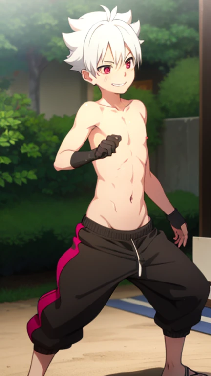 Boy, slim, Cute, red eyes, Short silver hair, On the Playground, looks at the viewer, happy smiling, naked boy chest, wide black sweatpants with white stripe on the sides, wet, elbow-length combat gloves, fighting stance, full length picture, shy