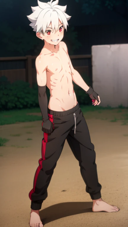 Boy, slim, Cute, red eyes, Short silver hair, On the Playground, looks at the viewer, happy smiling, naked boy chest, wide black sweatpants with white stripe on the sides, wet, elbow-length combat gloves, fighting stance, full length picture, shy