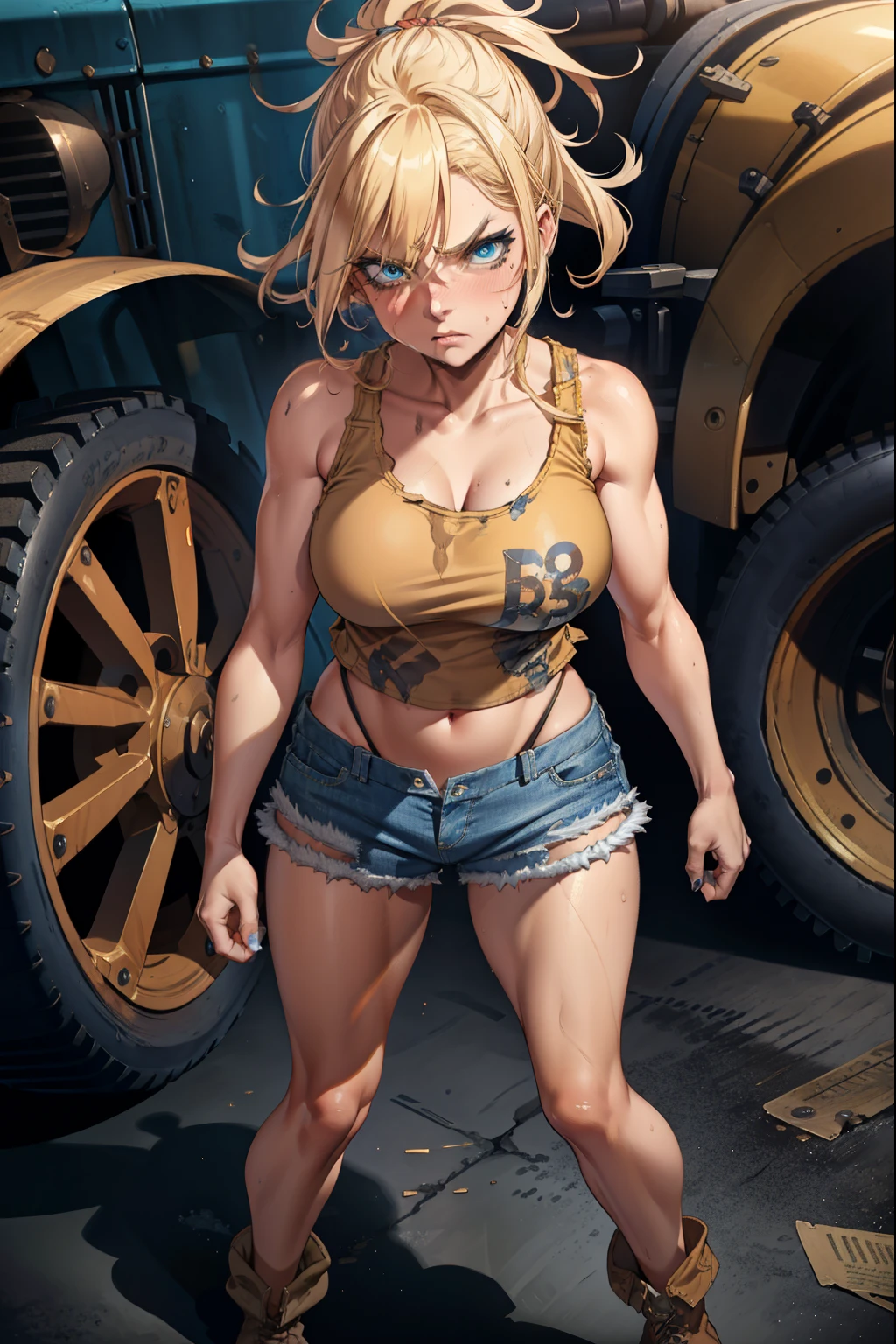 ,blue eyes, blonde hair, ruined makeup, (extremely detailed CG unity 4k wallpaper),(masterpiece),(best quality),(ultra-detailed),(best illustration),(best shadow),(absurdres),(detailed background), Trailer park trash, Short blonde hair (unkempt and messy), Croptop tank top (dirty), denim short skirt (dirty), Cowgirl boots, drunk angry expression, Standing Aggressive pose,