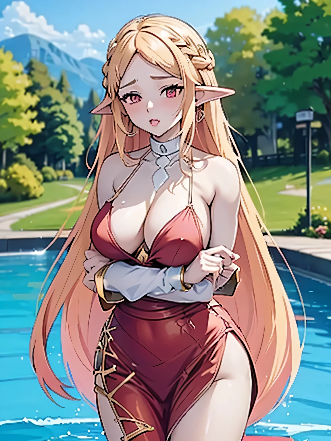 blonde very long hair, red eyes, wearing a sexy pink dress, side slit, ultrasharp, looking at the viewer, ((best quality)), ((masterpiece)), (detailed), perfect face, big breast, sexy body, sexy woman besides her, hugged, An anime scene of two girls hugging and kissing intensely, with hearts and sparkles floating around them as they stand in pool of water