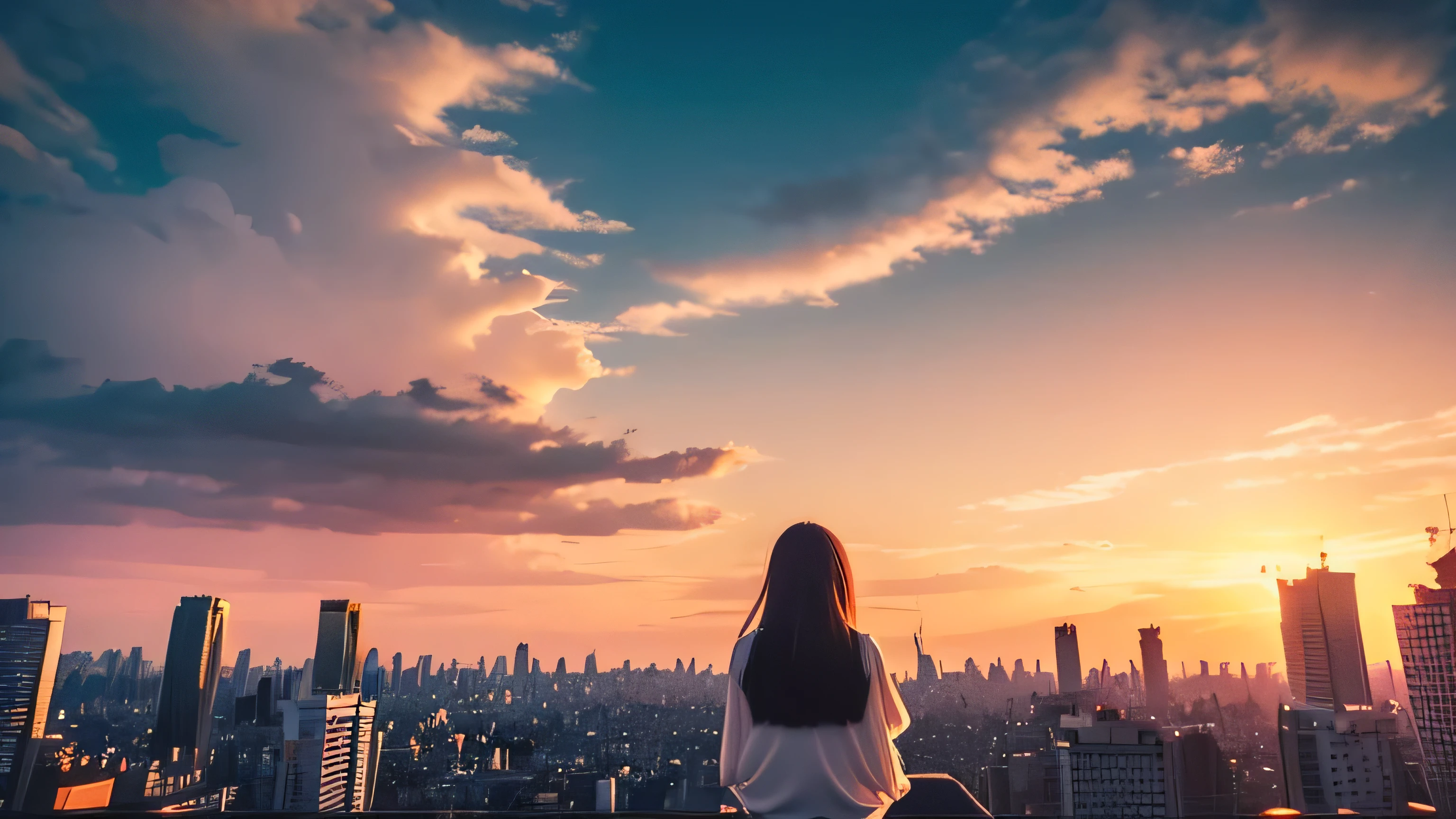 highest quality、Japan anime style、Great for meditation and relaxation、Calm、Create a picture that will calm your mind and make you feel kind.。The sun is setting、Please create an image of gazing blankly at the city as night falls.。16:9 please。
