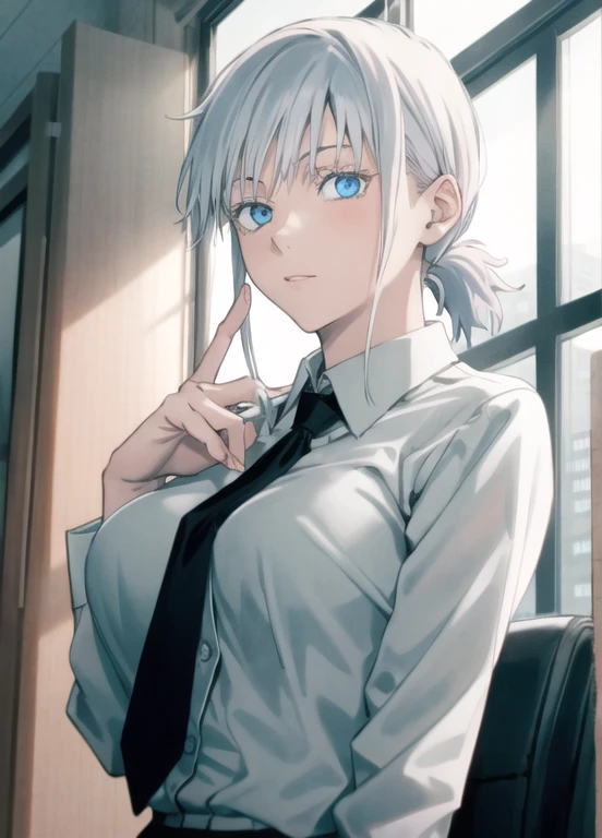 csm anime style, jujutsu kaisen, 1girl, solo, necktie, looking at viewer, shirt, black necktie, collared shirt, white shirt, white hair, blue eyes, satoru gojo, breasts, upper body, medium breasts, window, formal, office lady, business suit, suit, ponytail, ((masterpiece))