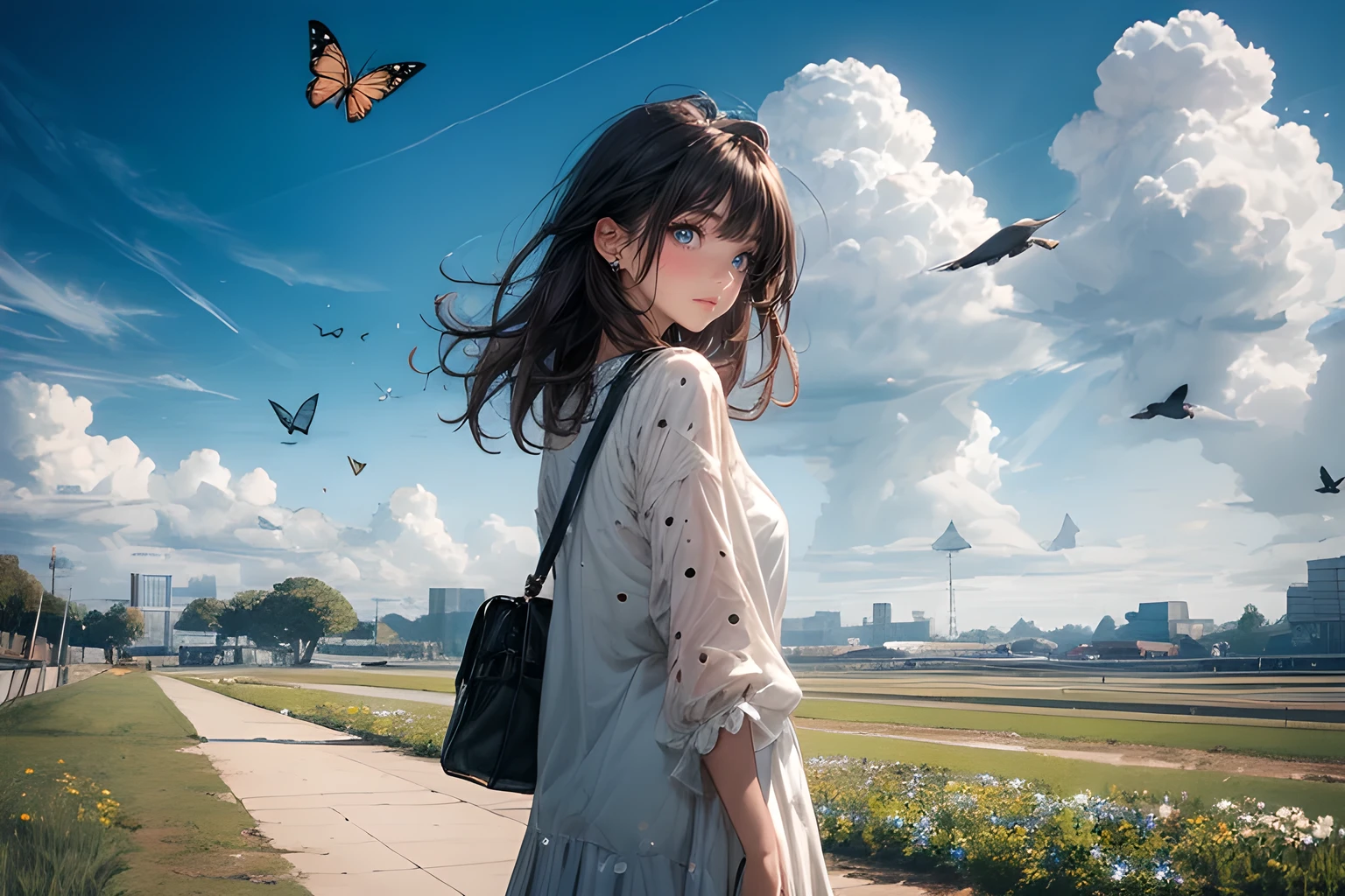 masterpiece, best quality, 1girl, seagull, sky, cloud, polka_dot, blue_sky, solo, cloudy_sky, bug, butterfly, day, blush, flock, outdoors, Abigail