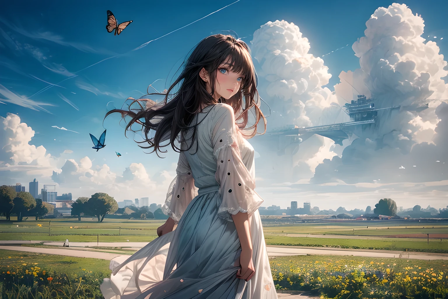 masterpiece, best quality, 1girl, sky, cloud, polka_dot, blue_sky, solo, cloudy_sky, butterfly, day, blush, flock, outdoors, Abigail
