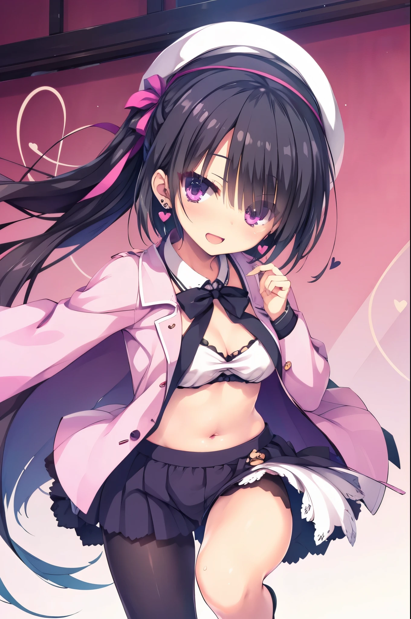 Black Hair,Hair above one eye,,Pink Eyes,tights,Removable sleeves,belly button,beret,ribbon,Heart Pendant,Earrings,Open Mouth Smile,(masterpiece,Best image quality,highest quality)