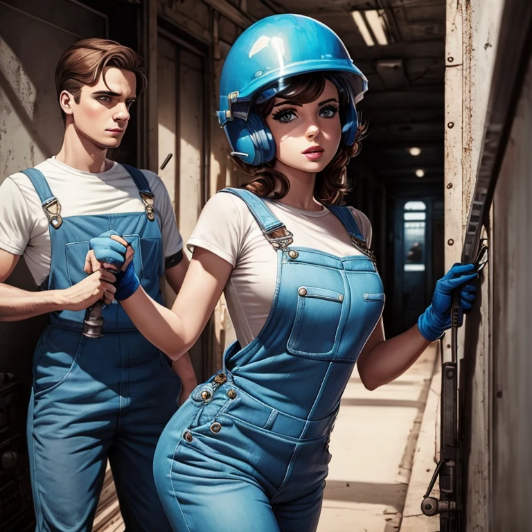 4k, Comic Babes, Man in Blue Overalls, with Helmet and a Wrench in His Hand