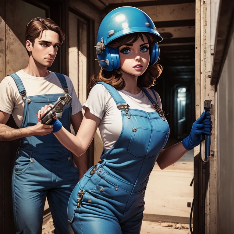 4k, Comic Babes, Man in Blue Overalls, with Helmet and a Wrench in His Hand