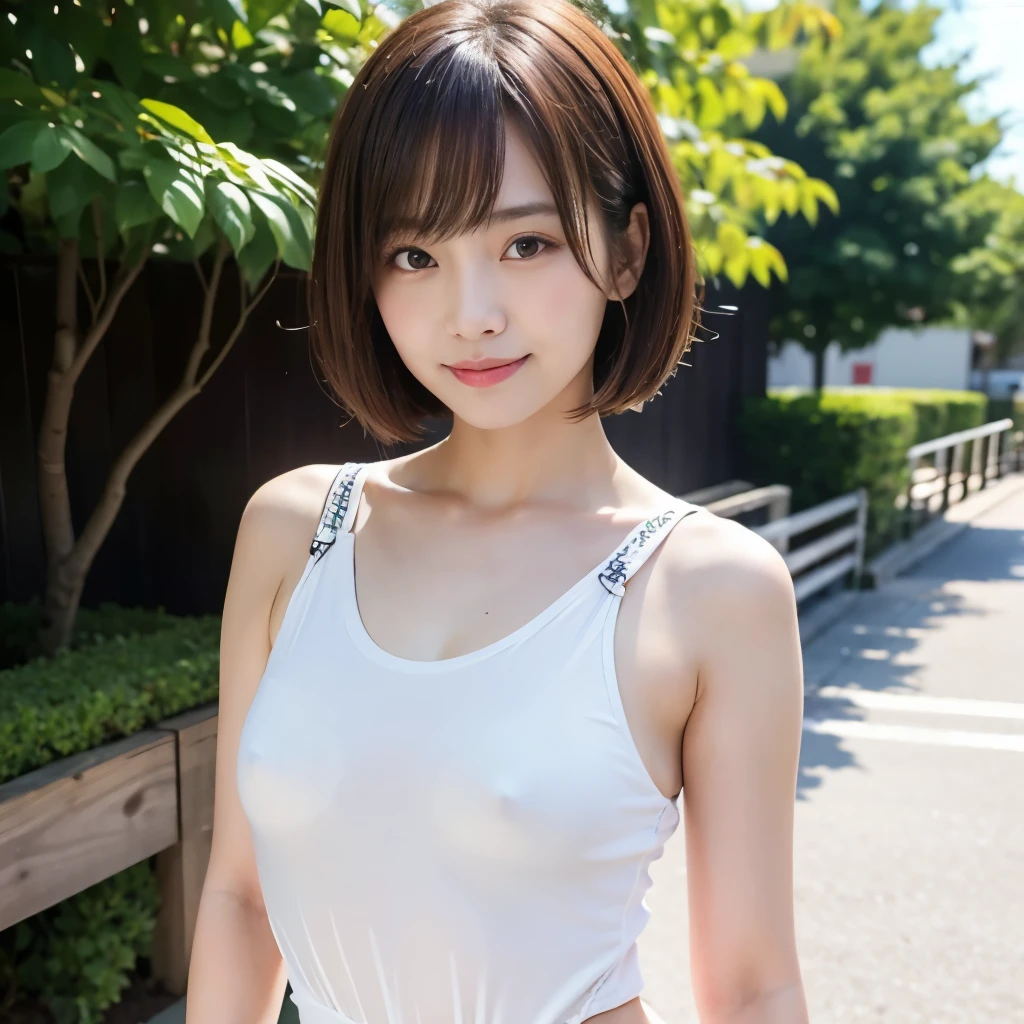 Browsing Caution、highest quality、8k、No makeup、masterpiece、クリアなphotograph、Ultra-high resolution、Realistic、Professional Lighting、Natural light、photograph、smile、Ultra slim、very cute３people々々Female:1.8、Idle class３people々々、Very short bob cut、Brown Hair、Wear wet white:1.6、Full Body Shot:1.6、Member of a Japanese idol group３people々:1.6