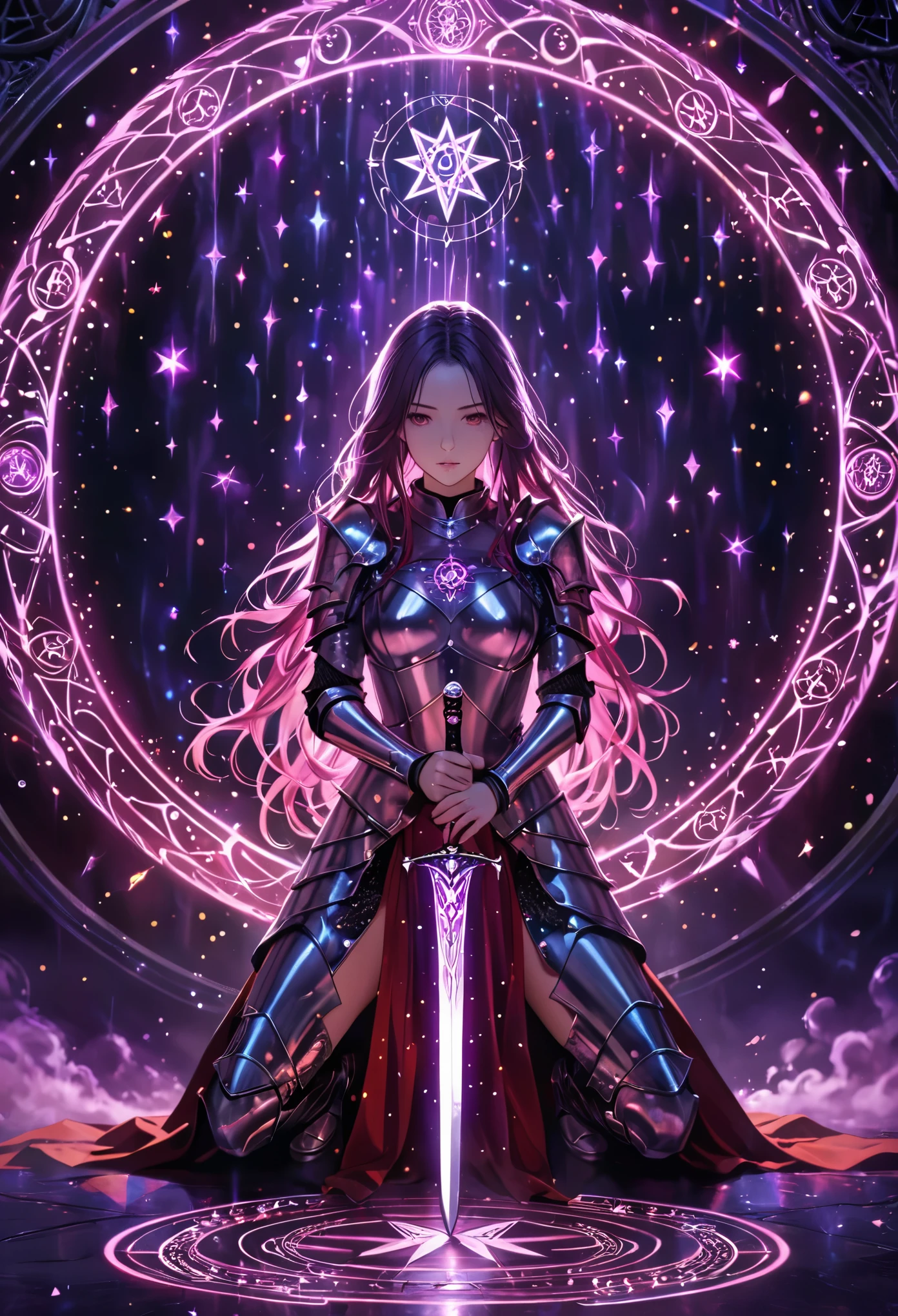 (best quality, masterpiece:1.2), ultra-detailed, glowing purple sword, ancient glowing symbols on the blade, a girl wearing armor, kneeling under the sword, long flowing hair, silver armor, black and red electric arc hexagram magic circle background, magical effects, detailed magic circle, detailed hexagram, intricate sword handle texture, thick breath mist., Surrealism, 4k, 8k, highres, best quality, highres, anatomically correct, textured skin