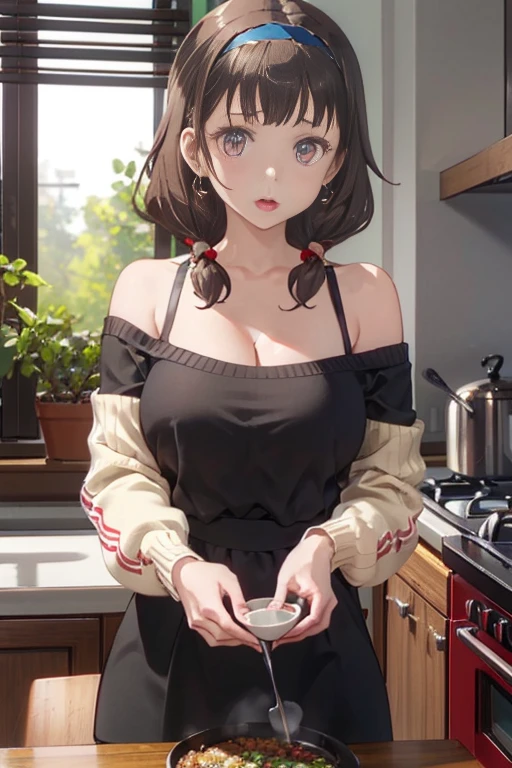 masterpiece, yor, 1girl, Amazing Cleavage:1.3, thin waist, big ass, Raised sexy, medium breast: 1.6 posed cleavage:1.2、solo, looking at viewer, open mouth, have a cup of coffee,black hair, red eyes, dress, bare shoulders, jewelry, collarbone, sidelocks, hairband, earrings, indoors, off shoulder, :o, sweater, arms behind back, plant, short hair with long locks, white hairband, off-shoulder dress, sweater dress, off-shoulder sweater, red sweater:1.2, big side hair, very long side hair,is rendered in (masterpiece: 1.2, best quality), with (ultra high resolution) and an exquisite (depth of field). This masterpiece is not only visually stunning but also tells, make of cooking chainese foods ,in the kitchen
