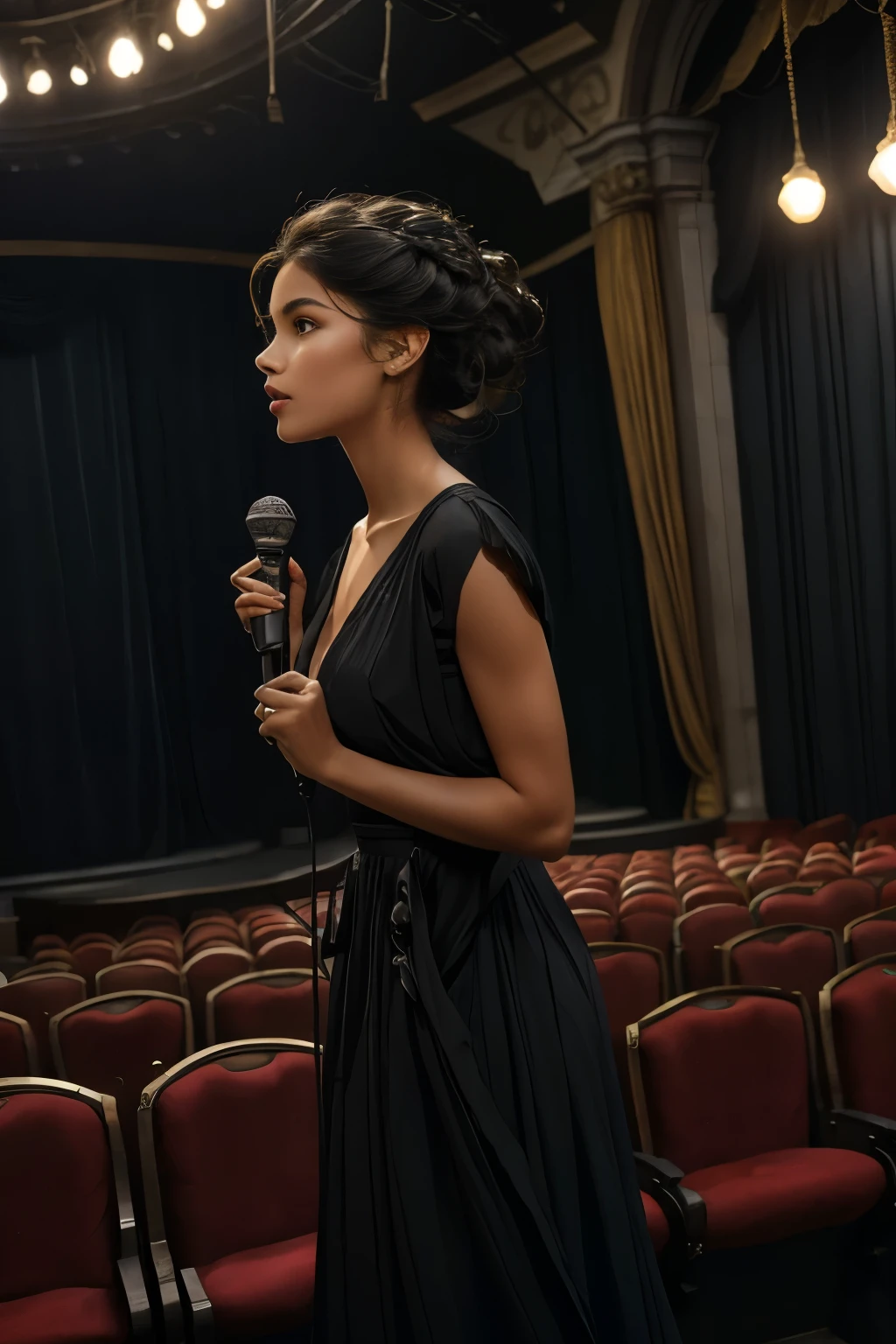 bellissima, In an abandoned theater, long past its glory days, a woman sings to an empty audience. Dust motes float in the air, caught in the faint light from a single stage lamp. The once-grand velvet curtains are faded and tattered, and the rows of seats are broken and worn. But her voice is as rich and full as ever, echoing through the empty space, filling it with a haunting beauty. She wears a simple black dress, her hair tied back in a loose bun, and as she sings, there's a sense of longing, as if she's recalling a time when the theater was alive with applause and adoration. The echoes of her song seem to reach back into the past, evoking memories of a time when the world was simpler, yet more mysterious.