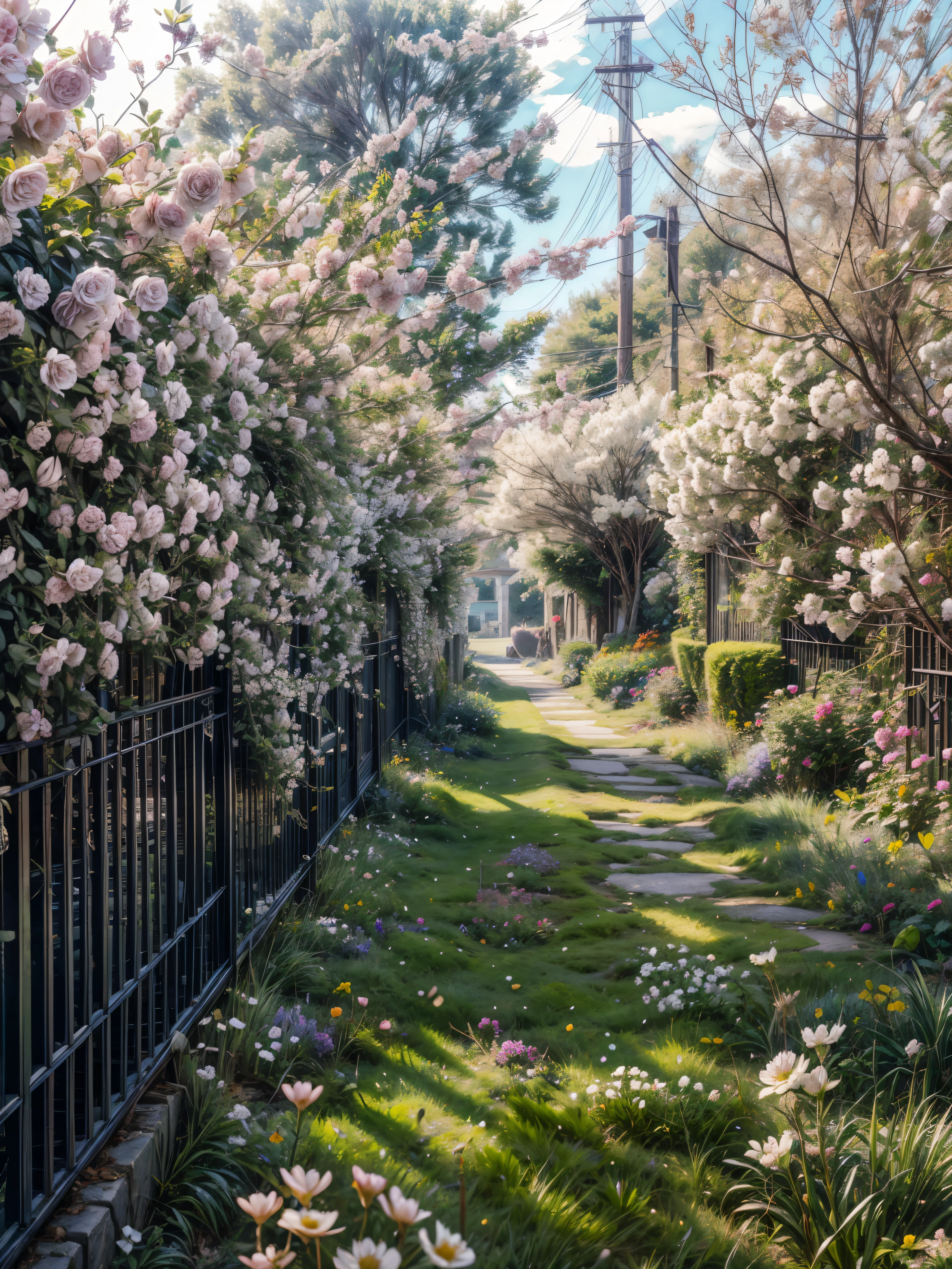 Cherries trees blossom, white flowers, strict lines, thorns, perfect quality:1.5, bright day, modern days, farmers life, anime style, perfect textures, horizon on the background, flowers falling apart, strong wind