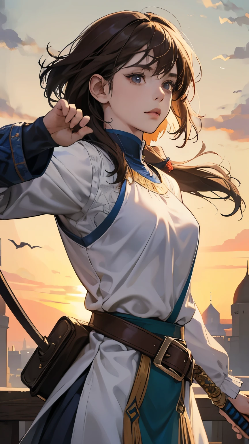 (absurdres, highres, ultra detailed),masterpiece,best quality,high resolution,8k,Realistic face,Realistic skin texture,magnified textures, stunning clarity,ultra detailed anime girl,(medieval central asia:1.3),action pose,dark brown hair,gape,have sword,look at viewer,cowboy shot,silkroad,oasis,(central asia market:1.2),perfect anatomy,serene pose