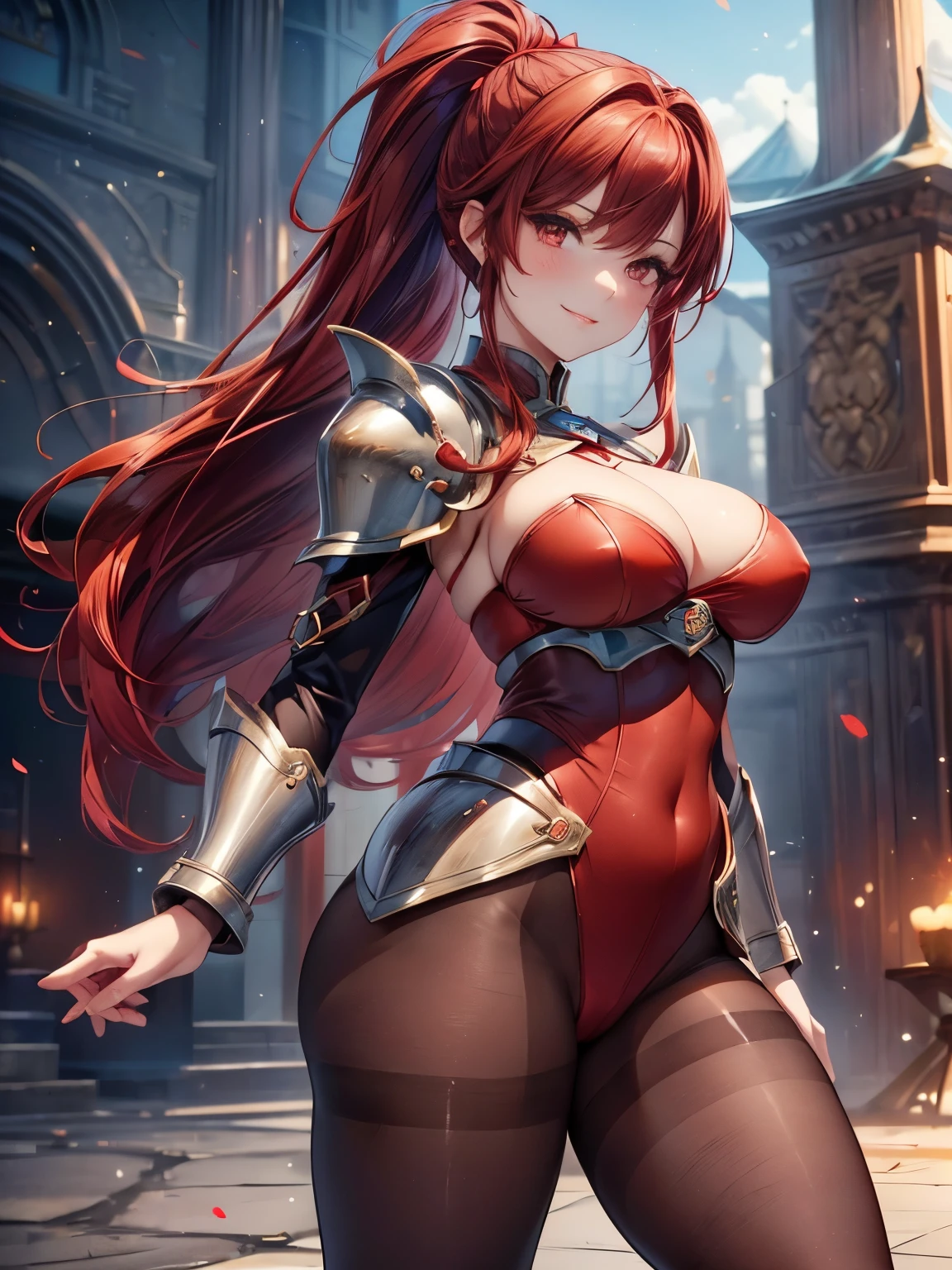 highest quality、Nice sexy body、One Woman、solo、(Beautiful busty woman:1.5)、Woman with ponytail、((Woman with dark red hair))、female knight、((Woman in a red bikini))、((woman with full armor:1.1))、((A woman wearing brown pantyhose))、Woman with a big smile、castle town