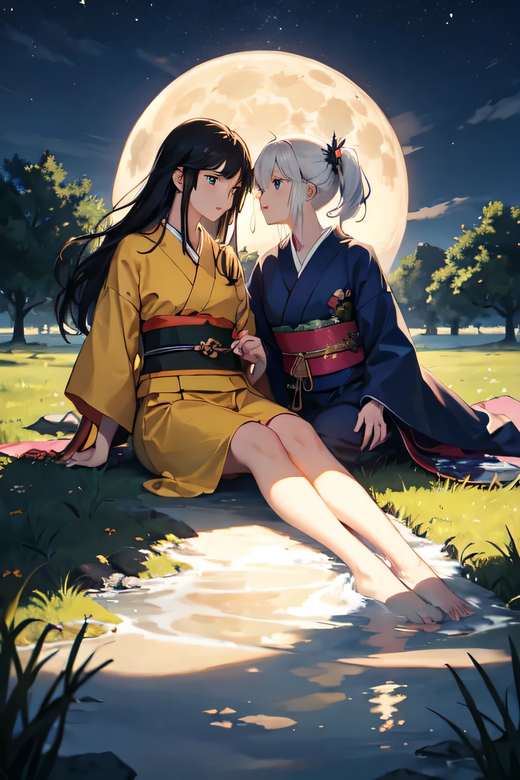 {{full HD}}, {{Great art}},{{best quality}}, {{lots of details}}, {{super detailed}}, {{two women}}, lying down, leaning against each other, tree trunk cherry tree, {{ looking at each other}}, a woman with black hair, black eyes, dressed in an orange kimono, {{ lying against the chest of the other with white hair}}, with blue eyes, ninja outfit, grass on the ground, moon, reflection in the grass, {{melancholy look}}