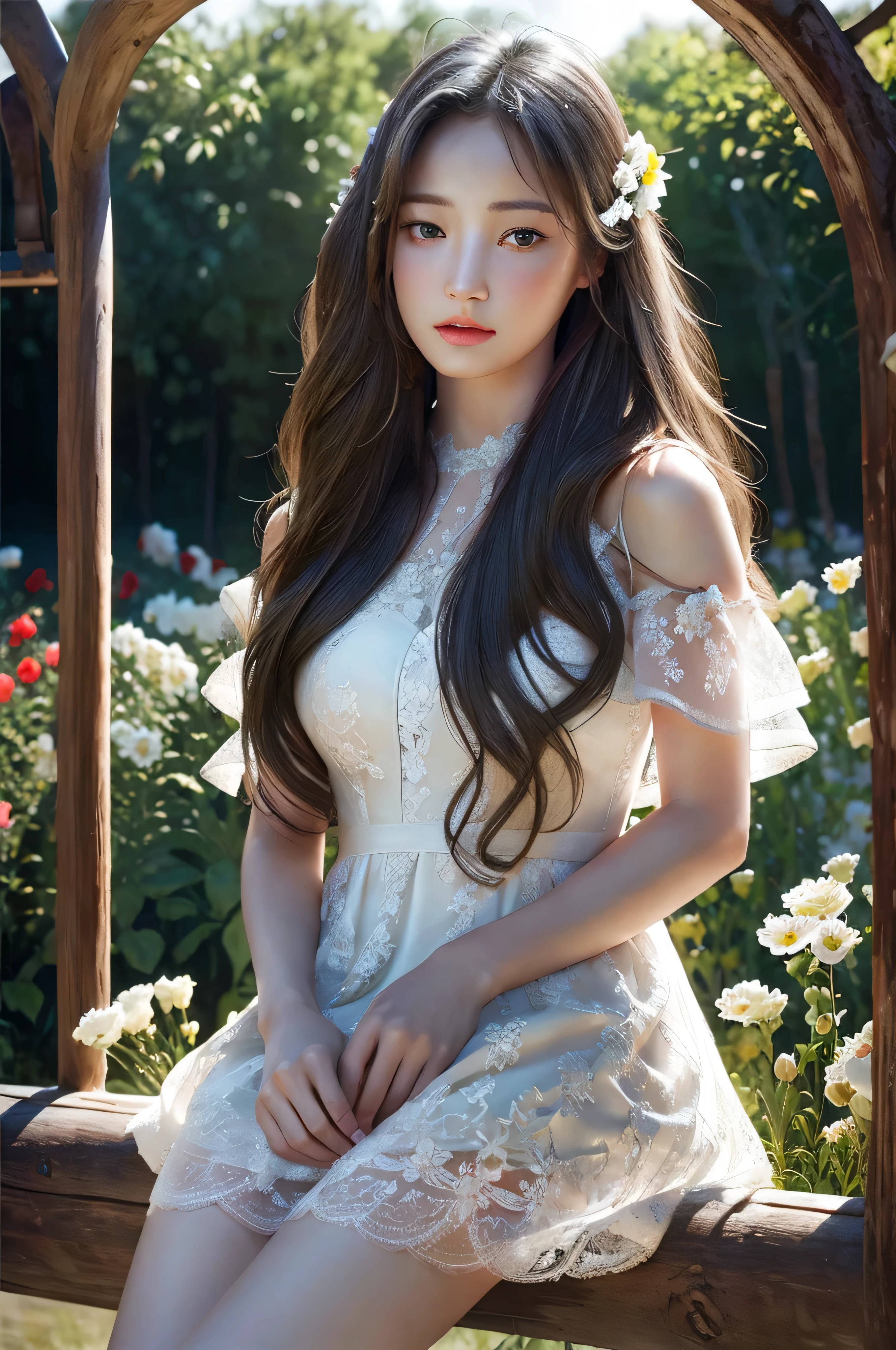 Best quality, masterpiece, ultra high res, (photorealistic:1.4), raw photo, 1girl, long hair, outdoor, cowboy shot, looking at viewer,flowers on hair, flower garden, overcast, white willowy dress