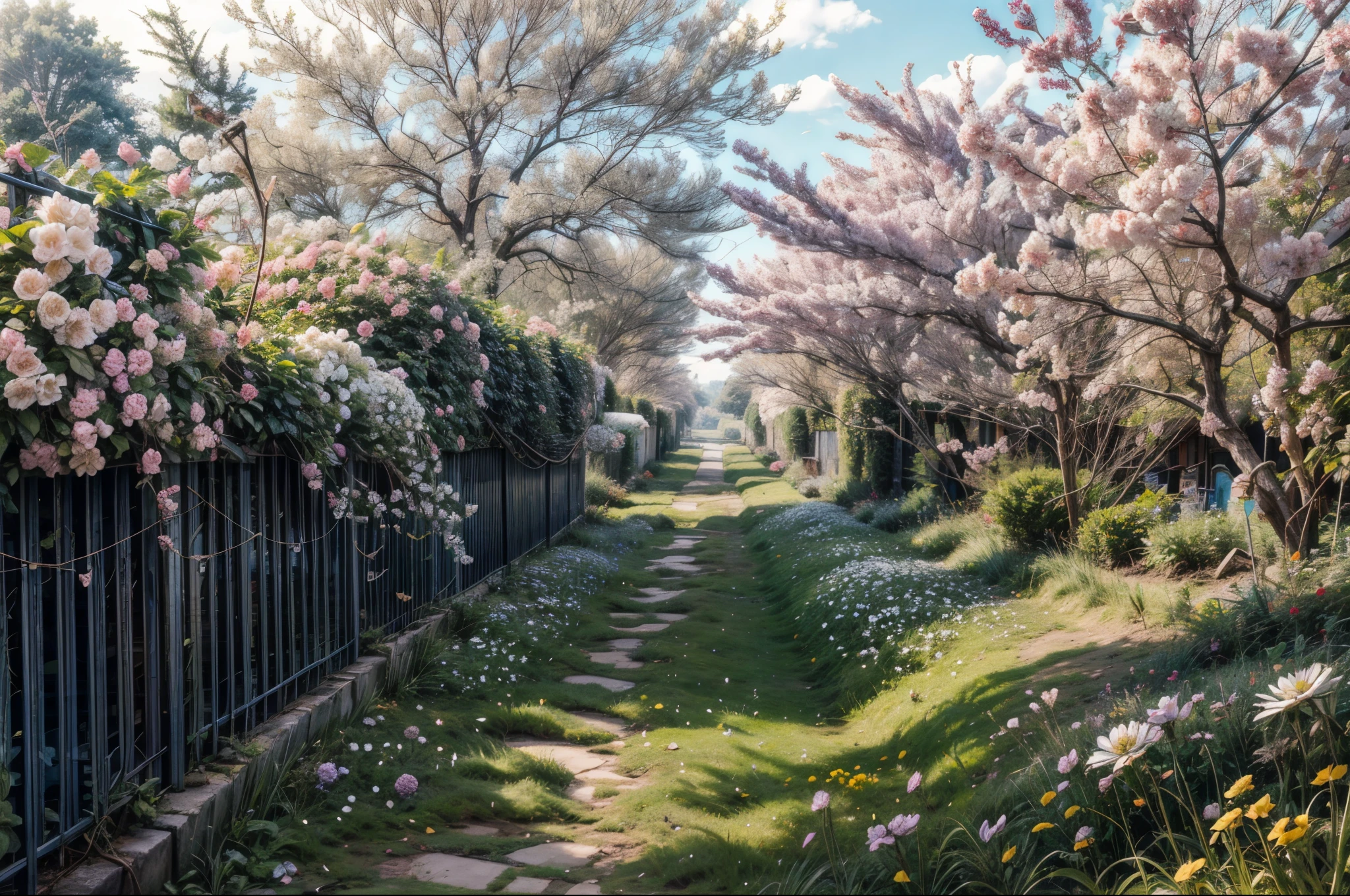 Cherries trees blossom, white flowers, strict lines, thorns, perfect quality:1.5, bright day, modern days, farmers life, anime style, perfect textures, horizon on the background, flowers falling apart, strong wind