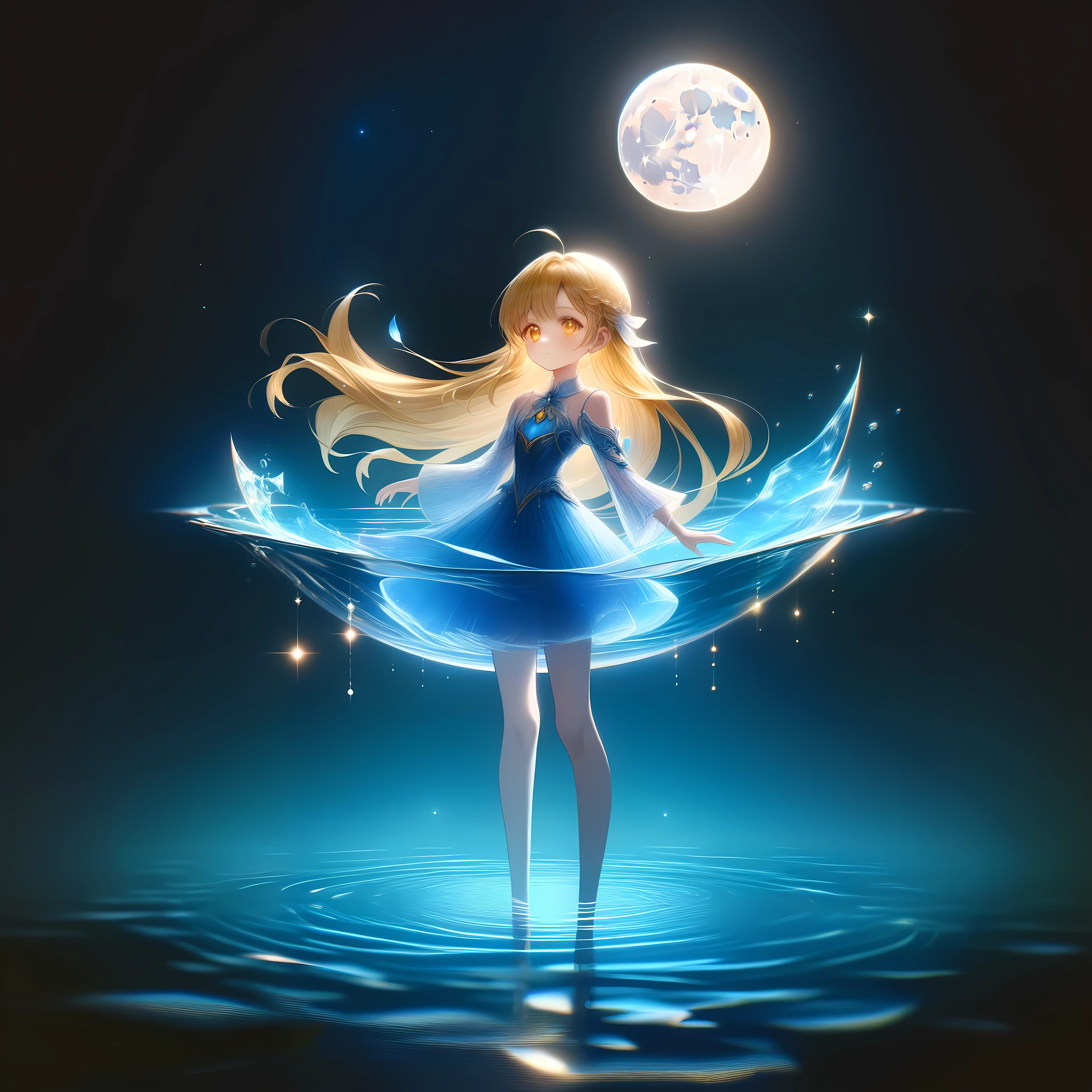 one princess standing on water, at night, the young siter taste, pale blue moon, cute face, blond semi-long hair, amber eyes, shy, water magic, naiad, illusory scene, calm, impressive, full body, ((portrait)) ((masterpiece, best quality, ultra-detailed, an extremely delicate and beautiful)), ((potorealism, hyperrealism)), ((extremely detailed CG unity 8k wallpaper)), ((award winning, ccurate, UHD, textured skin, chromatic aberration, perfect anatomy, golden ratio)), (exquisite attention to detail), ((perfect_composition, perfect_design, perfect_layout, perfect_detail, ultra_detailed)), ((aesthetic harmony)), ((aesthetic style))