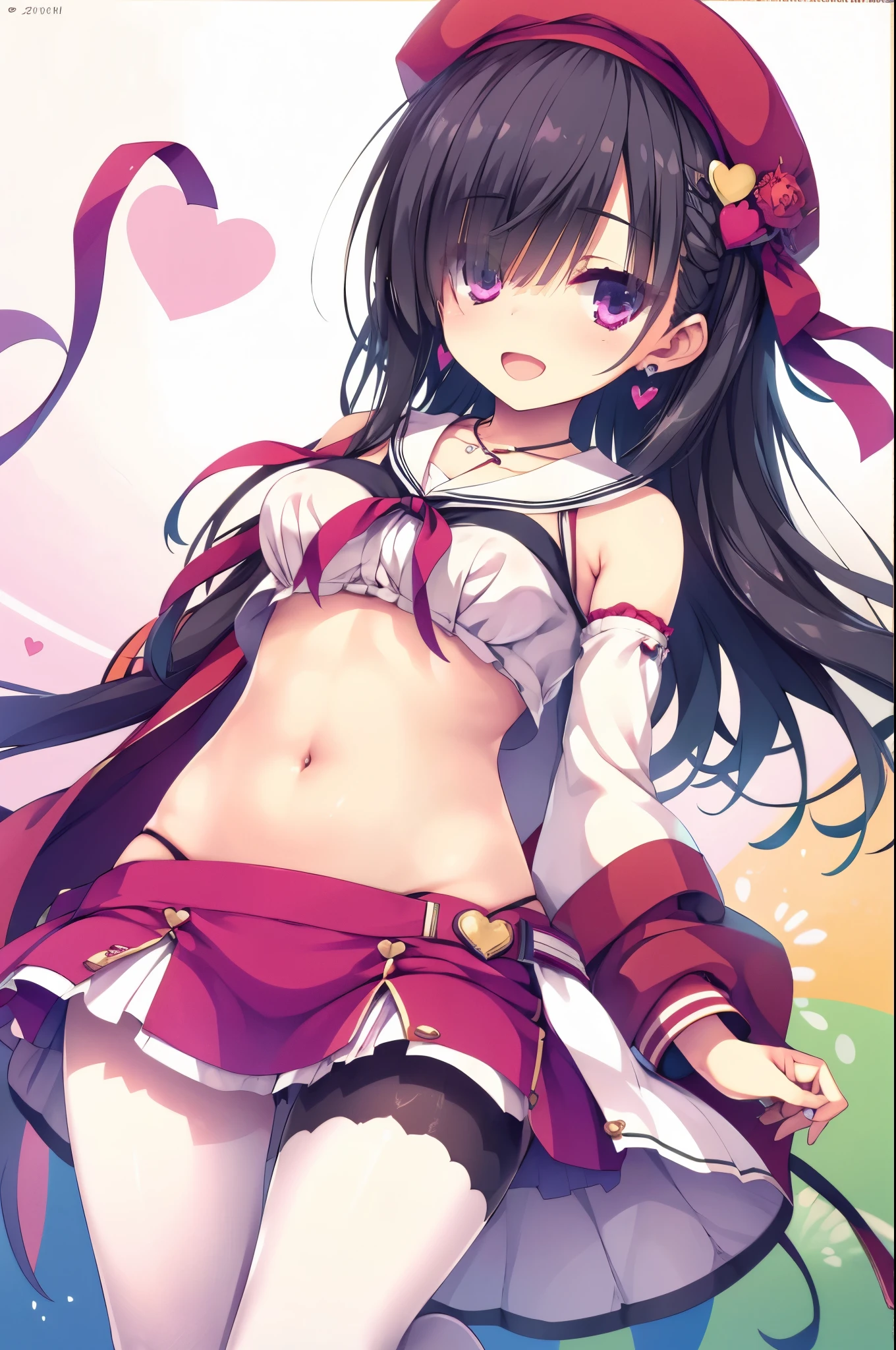 Black Hair,Hair above one eye,,Pink Eyes,tights,Removable sleeves,belly button,beret,ribbon,Heart Pendant,Earrings,Open Mouth Smile,(masterpiece,Best image quality,highest quality)