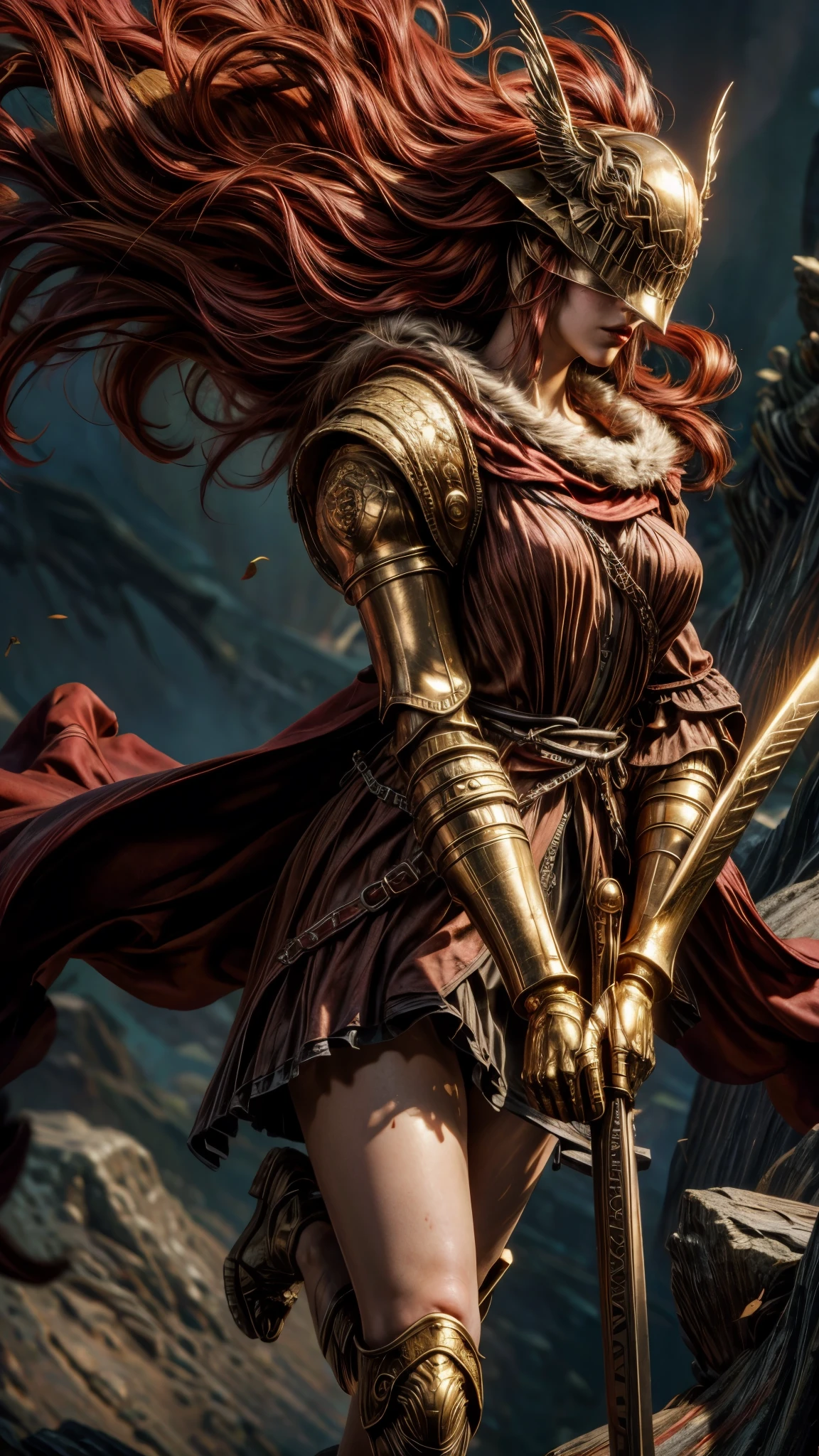 (masterpiece, 8k, 4k, extremely detailed, dynamic shading, best quality, absurdres:1.1) nice hands, perfect hands, sexy, mature, milf, 1girl,(large breasts:1.3)malenia blade of miquella, very long red hair, helmet over eyes, red coat, gold arm, flowing robes, sandals, holding long katana, gold greaves, wings, floating in the sky with wings spread, rotting skin, scarlet rot, poisonous red clouds