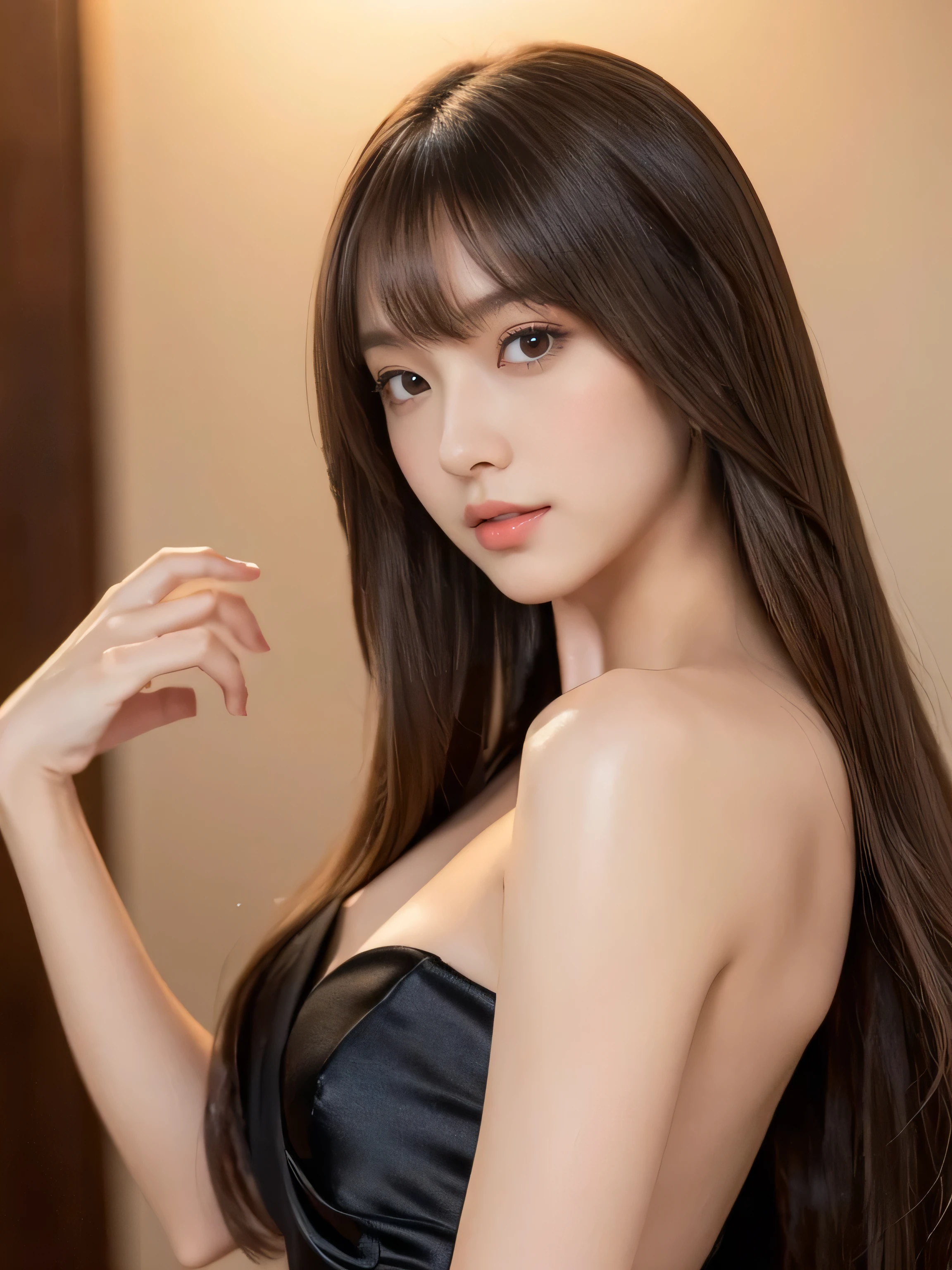 ((Full Shot:1.3)) ((highest quality)), ((masterpiece)), (Get used to it), Perfect sexy face (1 female) (Japanese) (She is 24 years old、The cutest and most beautiful fantasy girl in Japan:1.3) ((highest quality)), ((masterpiece)), length Light brown hair length, Shiny brown hair, Silky Hair, Straight brown hair, length light brown straight hair, Perfect Silky Straight Hair, Straight light brown hair Her hair is long and straight, detailed ((big 1.4)) Super Long Hair down to the ankles ((Her bangs are neatly trimmed, Full Bang:1.2))... bright crimson lips good, Anatomically correct hand Thin fingers 5 anatomically correct fingers Sexy professional makeup Beautiful Japanese girl face, Japanese facial features, Long Hair shiny Long Hair, length, shiny light brown hair, length, Straight light brown hair, Her hair is long and straight, Super Long Hair girl, Silky Hair, length Light brown hair, Silky Hair, length, Flat Hair, Silky texture, Long Hair, length, flowing light brown hair, thin and shiny hair Anatomically correct typical Japanese skin tone and detailed hands and fingers Beautiful Eyes Mouth detailed the corners of the mouth rise slightly Cool look (The eyebrows are dark brown in color) (She is wearing a black evening dress, Wearing an organza gown, Frock, Wearing a black dress, Formal attire, Cute Black Dress, Full body black dress, Black Gown, Wearing a black dress, Tube top dress, Wearing a cocktail dress, Romantic Dress, ruched bodice She's wearing a gorgeous all-black Victorian dress....) (This is a fantasy world cave:1.5) (She has a magic wand、A pose like casting a spell:2.4) (She has a bright look:1.2)