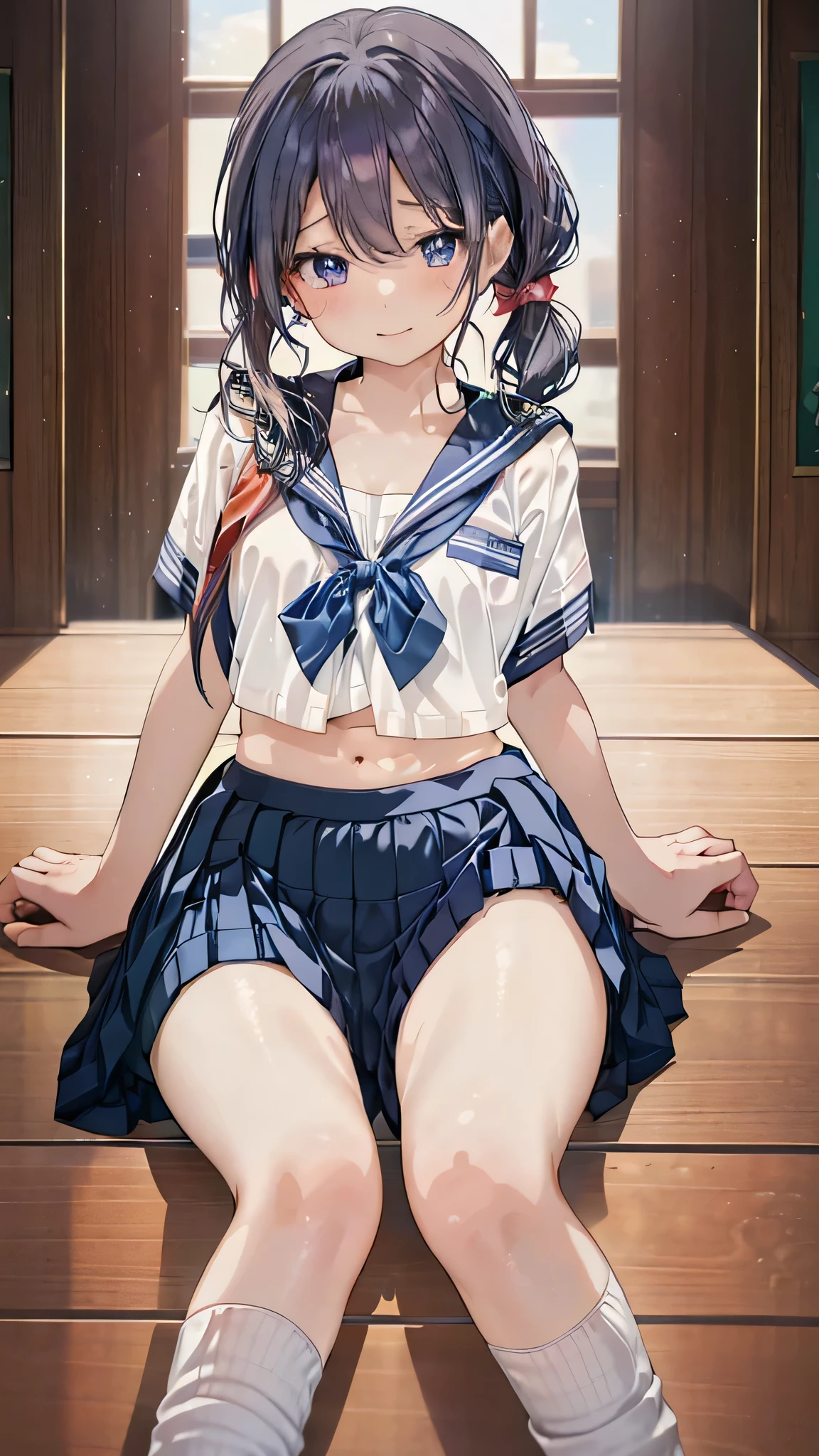 Anime Girls , a hyper realistic , Beautiful anime school girl, hyper realistic , seductive Anime Girls, cute , beautiful Anime Girls, pretty Anime Girls, Beautiful and attractive anime teen、Emphasize cleavage)、Short pigtails、、Wicked Smile、、、((Blue bow tie、、Checked skirt、(((Micro Mini Skirt)))、、loose socks、