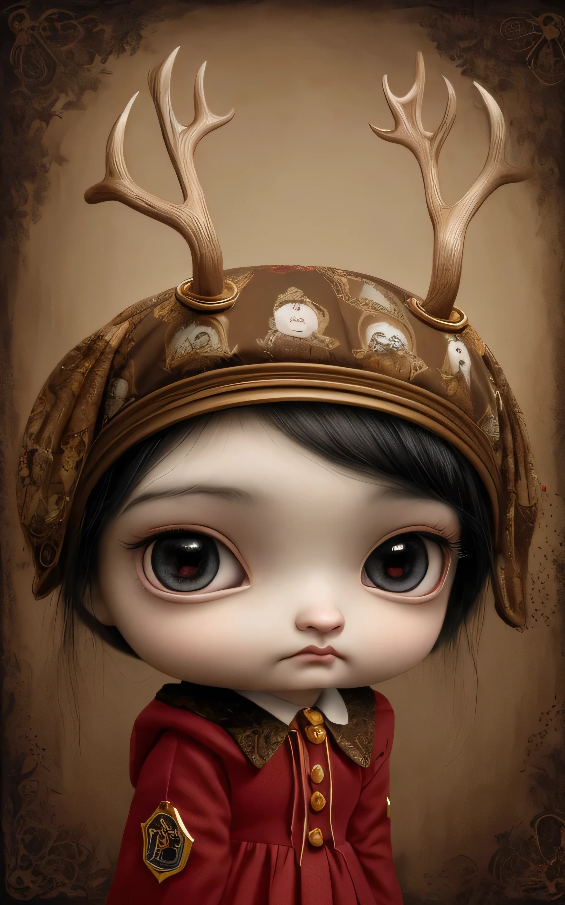 Painting of a girl with deer antlers on her head, Estilo Mark Ryden, Mark Ryden muy detallado, Estilo de Mark Ryden, Naoto Hattori, Surrealismo pop lowbrow, Mark Ryden en el estilo de, benjamin lacombe, Earley, Surrealismo pop Lowbrow Art Style, Arte lowbrow, por Mark Ryden, harry Potter dress, student dress, with bird on deer