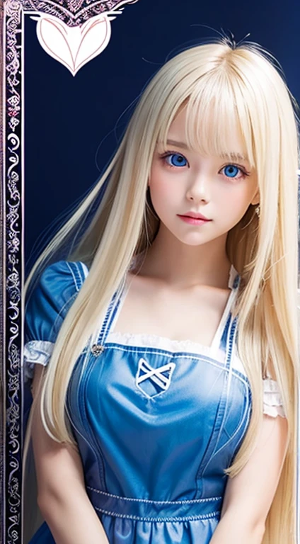 highest quality、超A high resolution、picture、かわいい女の子のpicture、A cute and beautiful face down to the last detail、(Purelos Face_v1:0.008)、Alice in Wonderland、14 years、White and glowing skin、Platinum blonde super long straight hair、Beautiful big blue eyes、Bans、White apron、Blue Dress、playing card pattern background、Without makeup