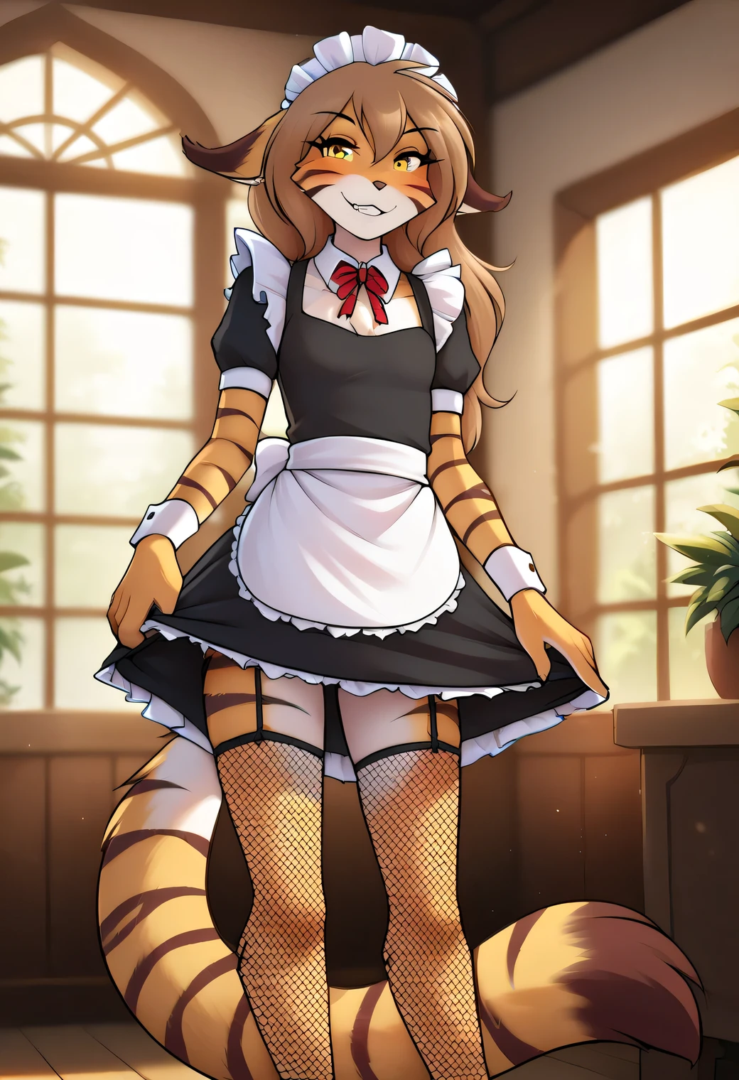 score_9, score_8_up, score_7_up, score_6_up, score_5_up, score_4_up, source_furry, rating_safe, detailed background, a female anthro fluffy, tkflora, flora, flora twokinds, striped fur, yellow eyes, anthro, female, 1girl, anthro, light blush, small breasts, light smile, teeth, (maid:1.2), fishnet legwear, looking at viewer, in house, mature female