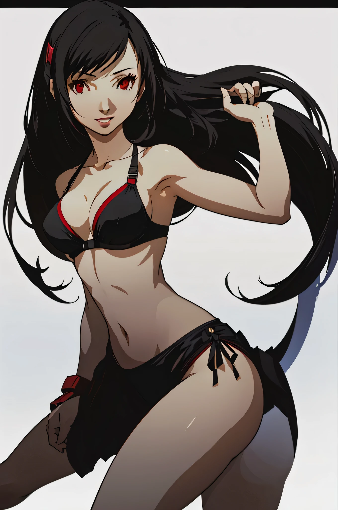 (masterpiece:1.2, best quality), 1lady, solo, full body, portrait, red eyes, Tifa Lockhart, wearing a black silk bikini Confident with a happy smile and effortless with minimal makeup and long black hair (white background)
