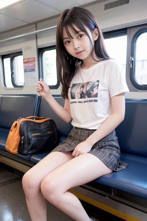 On an empty train, highest quality,live-action, Sitting on a bench(M-shaped legs:1.5), Inner thighs、Crying face, Cross your arms,Lifting the chest with the arms、Real,  8k, -yeld gi Height: 130cm, Small breasts, A Cup, Carrying a school bag, A thin, wet, ripped, and tattered white T-shirt, black and white plaid skirt, Small breasts(A Cup),   I can see your pants、((Big eyes)), RAW Photos, alone, Facing forward、No makeup、Ecstatic expression, Idol&#39;s face, Delicate girl, Upper Body, , Digital single-lens reflex camera, Looking at the audience, Frank, Sophisticated, Thin arms, Soft rays of light、Professional Lighting,  chromatic aberration, (Eye and facial details:1.0), ((Browsing Caution:1.7、Realistic))、1 girl, ((Girls&#39; school uniform)), Looking at the audience, Young Face ,School classroom、Navy blue knee socks, Black Loafers, Small breasts, Beautiful thighs,　Thin thighs, Perfect legs, toned legs