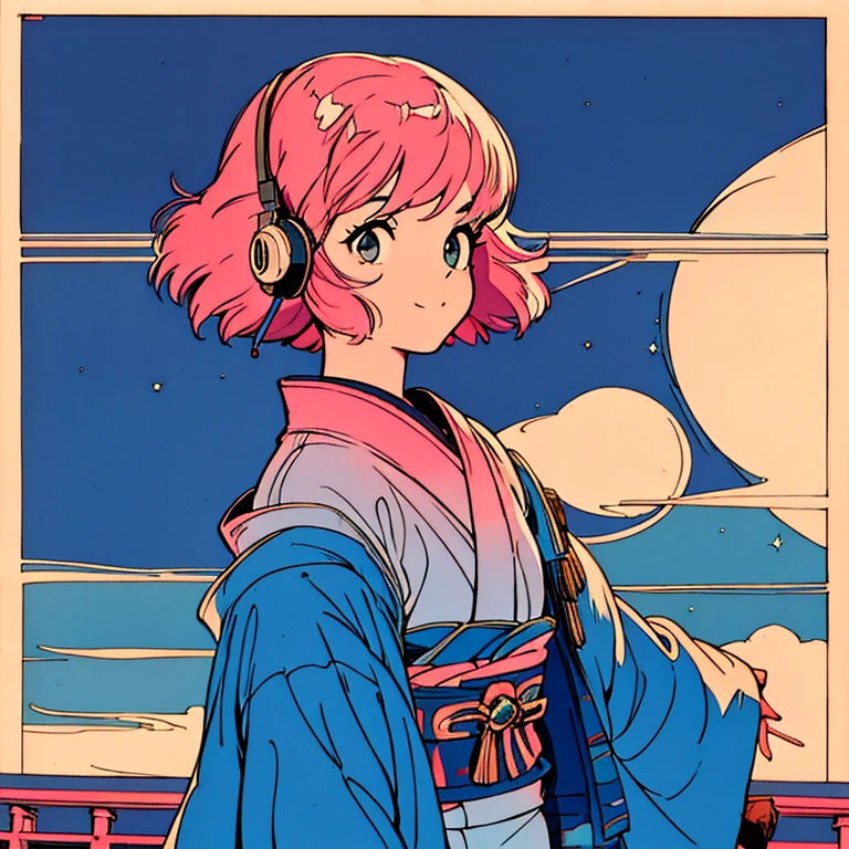 master piece, City Pop style, Pink Hair, fluffy bob cut, wearing headphones, shoulder length, alone, Futuristic, yet, lofi, retro, vintage, Ghost, light smile, starry night sky, ((kimono)), torii, Kyoto, looking away