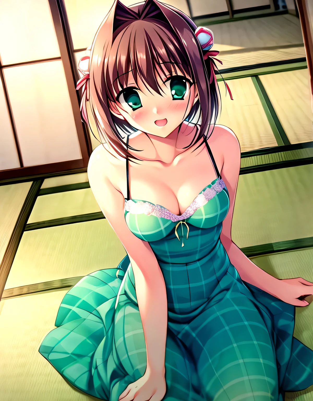asakura_yume,Brown Hair,Medium Chest,Aqua Eye,White skin,(((((Tatami room))))),((Sitting)),(((Several bearded men))),(((((By Meng_Surrounded by middle-aged men molesting))))),(((By Meng_Being stared at by a pervert))),((Drinking cocktails at a table)),((Bust up shot)),(((((green_Summer Dresses))))),((valley)),No bra,smile,Open your mouth,