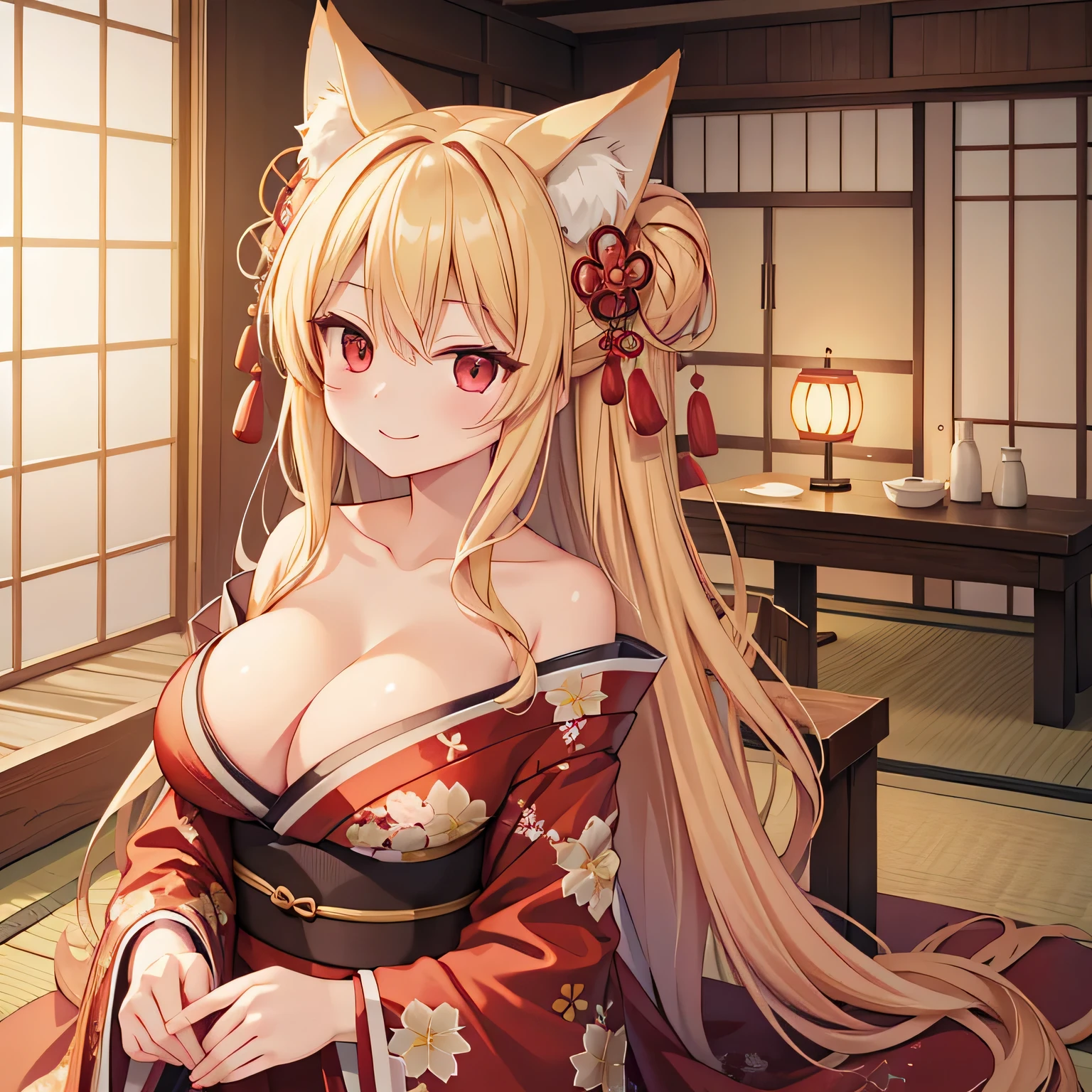 highest quality、、、Cleavage、Foong blonde、Red Eye、kimono、smile、Japanese-style room