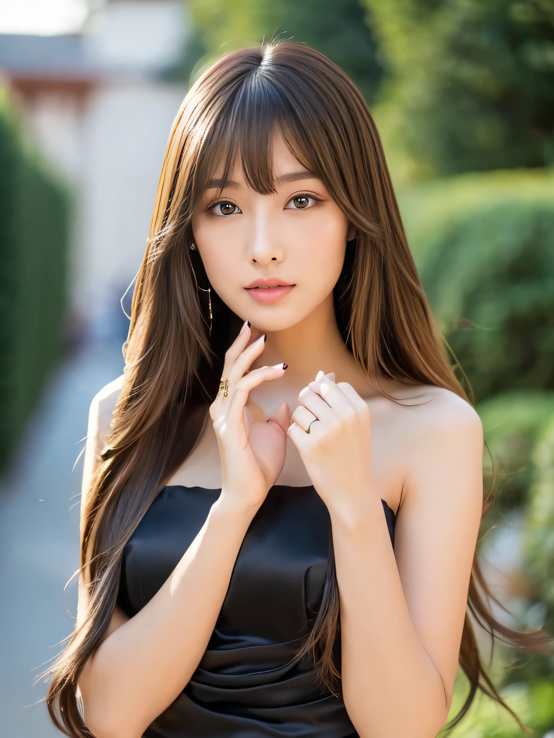 ((Full Shot:1.3)) ((highest quality)), ((masterpiece)), (Get used to it), Perfect sexy face (1 female) (Japanese) (She is 24 years old、The cutest and most beautiful fantasy girl in Japan:1.3) ((highest quality)), ((masterpiece)), length Light brown hair length, Shiny brown hair, Silky Hair, Straight brown hair, length light brown straight hair, Perfect Silky Straight Hair, Straight light brown hair Her hair is long and straight, detailed ((big 1.4)) Super Long Hair down to the ankles ((Her bangs are neatly trimmed, Full Bang:1.2))... bright crimson lips good, Anatomically correct hand Thin fingers 5 anatomically correct fingers Sexy professional makeup Beautiful Japanese girl face, Japanese facial features, Long Hair shiny Long Hair, length, shiny light brown hair, length, Straight light brown hair, Her hair is long and straight, Super Long Hair girl, Silky Hair, length Light brown hair, Silky Hair, length, Flat Hair, Silky texture, Long Hair, length, flowing light brown hair, thin and shiny hair Anatomically correct typical Japanese skin tone and detailed hands and fingers Beautiful Eyes Mouth detailed the corners of the mouth rise slightly Cool look (The eyebrows are dark brown in color) (She is wearing a black evening dress, Wearing an organza gown, Frock, Wearing a black dress, Formal attire, Cute Black Dress, Full body black dress, Black Gown, Wearing a black dress, Tube top dress, Wearing a cocktail dress, Romantic Dress, ruched bodice She's wearing a gorgeous all-black Victorian dress....) (This is a fantasy world cave:1.5) (She has a magic wand、A pose like casting a spell:2.4) (She has a bright look:1.2)