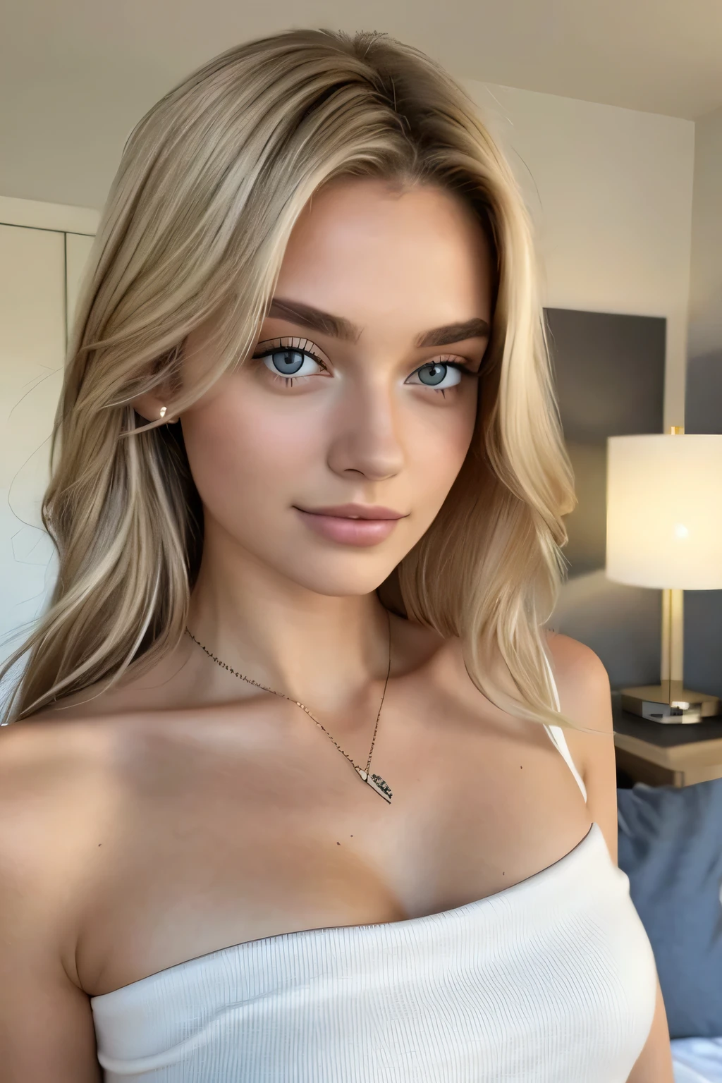 1 fille dans, 19 ans, Seulement, cheveux longs, Colossal , regarder le spectateur, cheveux blond, bare shoulders, yeux marrons, bijoux, tout le corps, un collier, off the shoulders, Chandails, Realistic, Un sexy