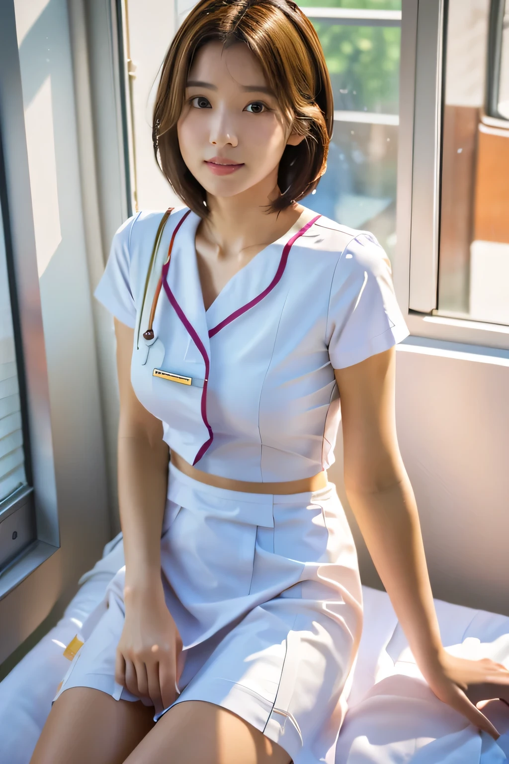 highest quality, Photorealistic, Very detailed, finely, High resolution, 8K Wallpaper, Professional, High level of detail, ((One 18 year old girl:1.2)), Slender Japanese women,Pretty lips, (Beautiful long lashes:1.2)、Detailed clavicle, Perfect Face, (Cute short bob hair:1.5),Top Quality,Ultra-clear resolution,Clear Eyes,Sunburned skin,Perfect large breasts,have perfect legs,Focus on the legini skirt、(White nurse uniform on bare skin:1.5)、(Inviting sexy look:1.5)、(Sexy pose in hospital room:1.5)、(The sunlight coming through the window reveals her body lines.:1.5)、