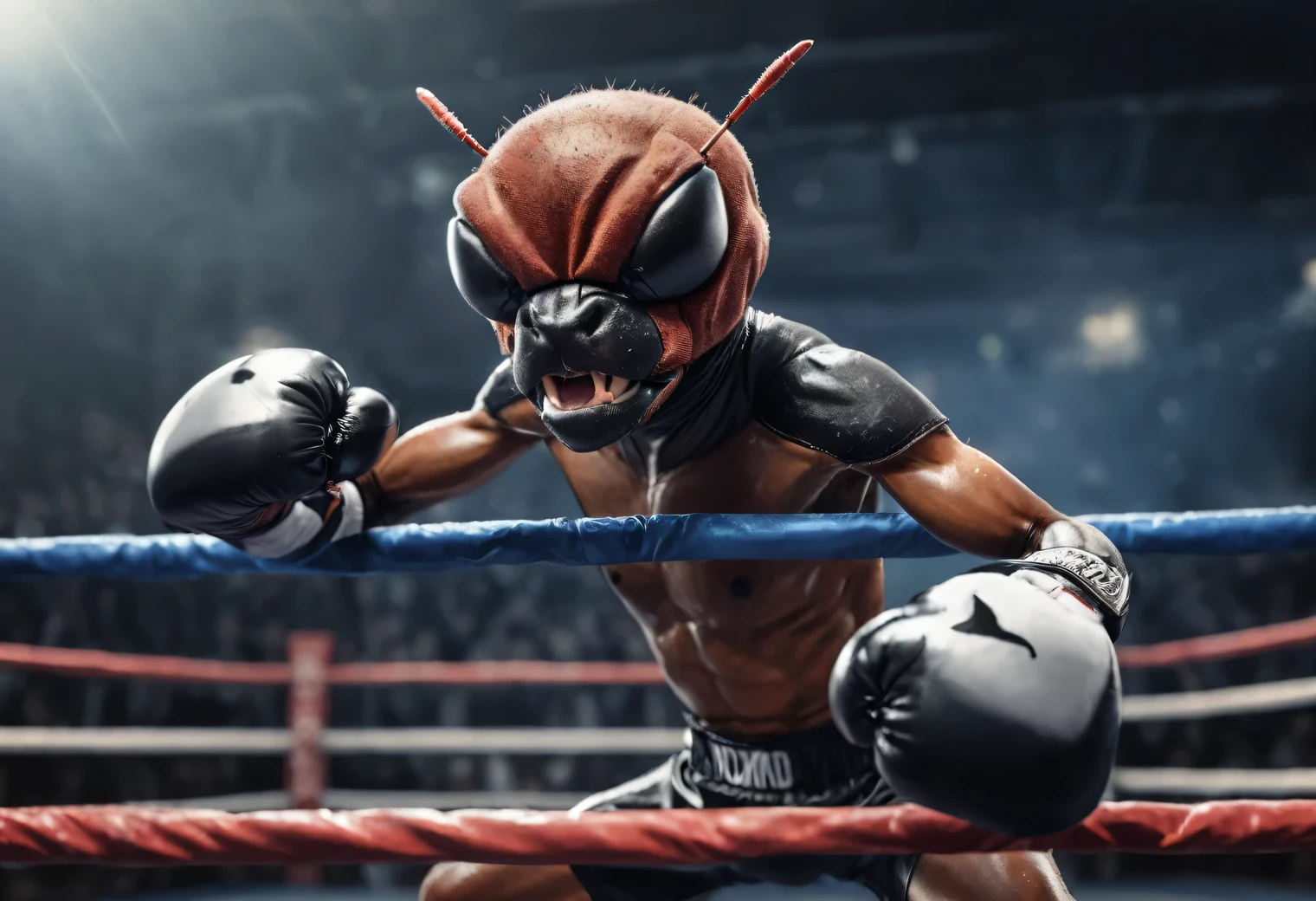 Dynamic frame, humanoid (anthropomorphic) boxer ant, humanoid ant in a boxing ring, humanoid ant in a boxing stance ready to strike, boxing match of 2 humanoid ants, photorealistic, high quality, high detail, focus on the face of a humanoid ant, focus in the center of the frame, blurred background