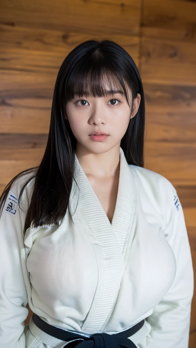 alone、high school girl、、Natural body shape、White skin、Natural Makeup、Black Hair、bangs、Straight Long Hair、、((((White judo uniform、Black belt))))、、((((((Big Breasts))))))、((()))、((The upper body is wearing a judo uniform))、dojo、(((Looking at the camera)))、、(((Head to waist portrait)))、((((Her chest is exposed))))