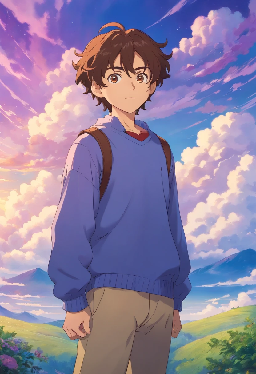 a flat 2D style, picture an anime older age boy with curly brown hair, hazel eyes, set against a background of blue and purple skies looking straight forward."