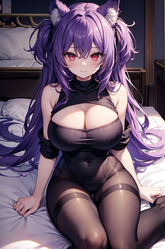 Wolf Girl, Large Breasts, Voluminous, messy purple hair, masterpiece , Red eyes, hd, Head to Chest, Put in your chest、Underboobs、Double teeth,, On the bed、Thick thighs、Grinning、turtleneck、Sleeveless sweater