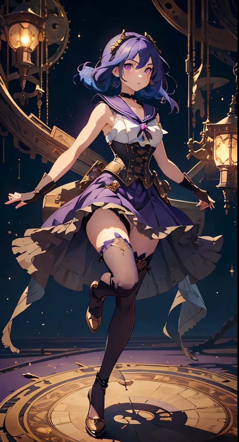 masterpiece, high quality, illustration, extremely detailed, standing, 1_women, (full body), (bright blue hair), medium length hair, cute bangs, flowing hair, (exotic skin_complexion:1.4),mature, tall, (((shocked expression))), (holding skirt down), (purple fingerless_gloves), beautiful, exotic, elegant, slim, (((sailor collar))), black thigh highs, choker, medium bust, (brown steampunk corset), black Lolita style skirt, skirt flying up, floating in the air, knee high heels with laces, (sleeveless), diamond shaped eyes, (((purple eyes))), dark_eyeliner, long_eyelashes), natural dynamic lighting, steampunk, in space