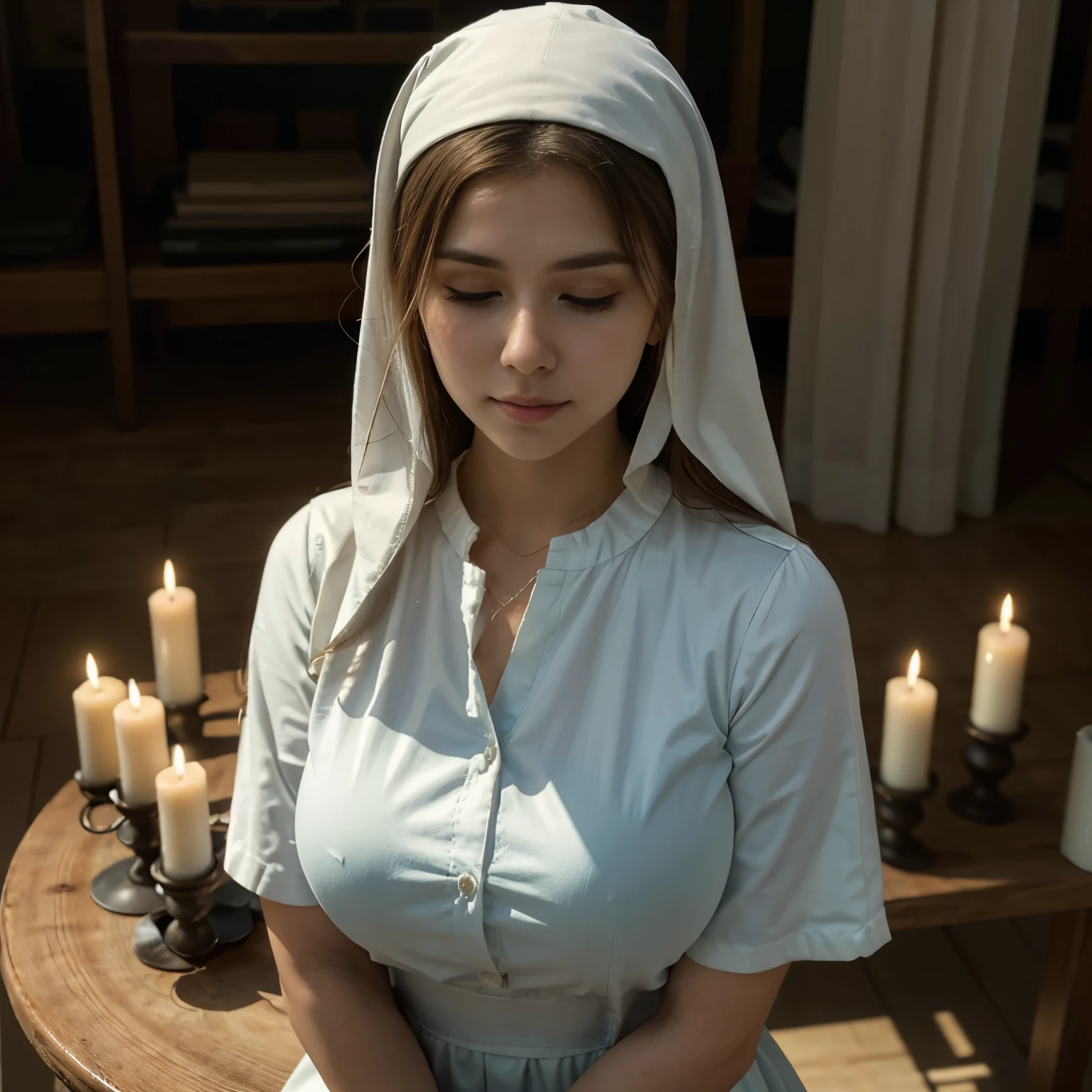 (highest quality、4k、8k、High Resolution、Masterpiece: 1.2)、(Real、Photorealistic、Photorealistic: 1.37)、HDR、UHD、Studio Lighting、Ultra-detailed Paint、Sharp Focus、Physically Based Rendering、Detailed Description 、professional、Bright colors、Bokeh、Portrait、A young and very beautiful nun、Kneel and lift your face、Face the viewer、At the altar of the chapel、(Close your eyes 1.37)、(Open your mouth wide 1.47)、Shot from above、Backlight effect、warm color、The lighting is dim、Kneel and lift your faceポーズ、Sacred atmosphere、Beautiful stained glass、Exquisitely decorated statues、Serene atmosphere、Quiet space and time、The solemn presence of the altar、huge breasts、cr1r3、ora:Mary_N_RV2_150:0.7