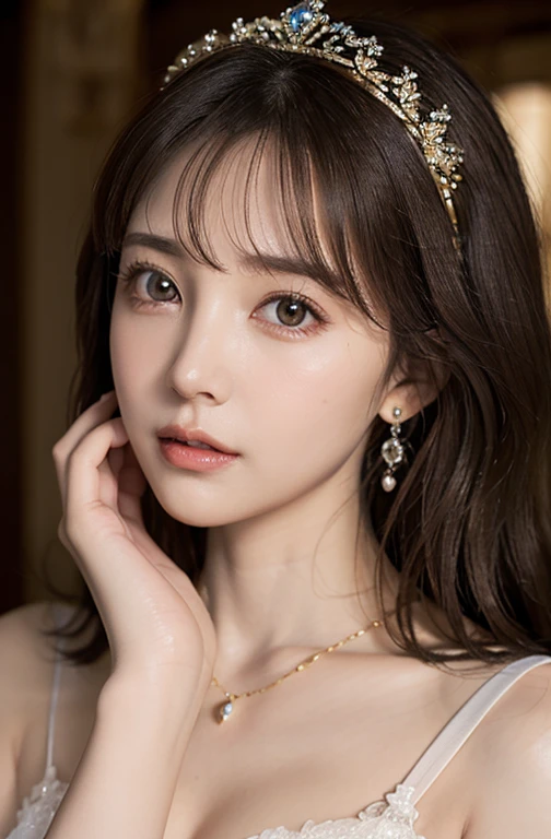 Princess , in castle , detailed hand , high quality, super quality, (detailed face:1.2), beautiful woman , golden eyes, long hair , mega breast , gorgeous dress, tiara, necklace , earring , sharpe eyebrow , (brown hair:1.4), wearing sick dress
