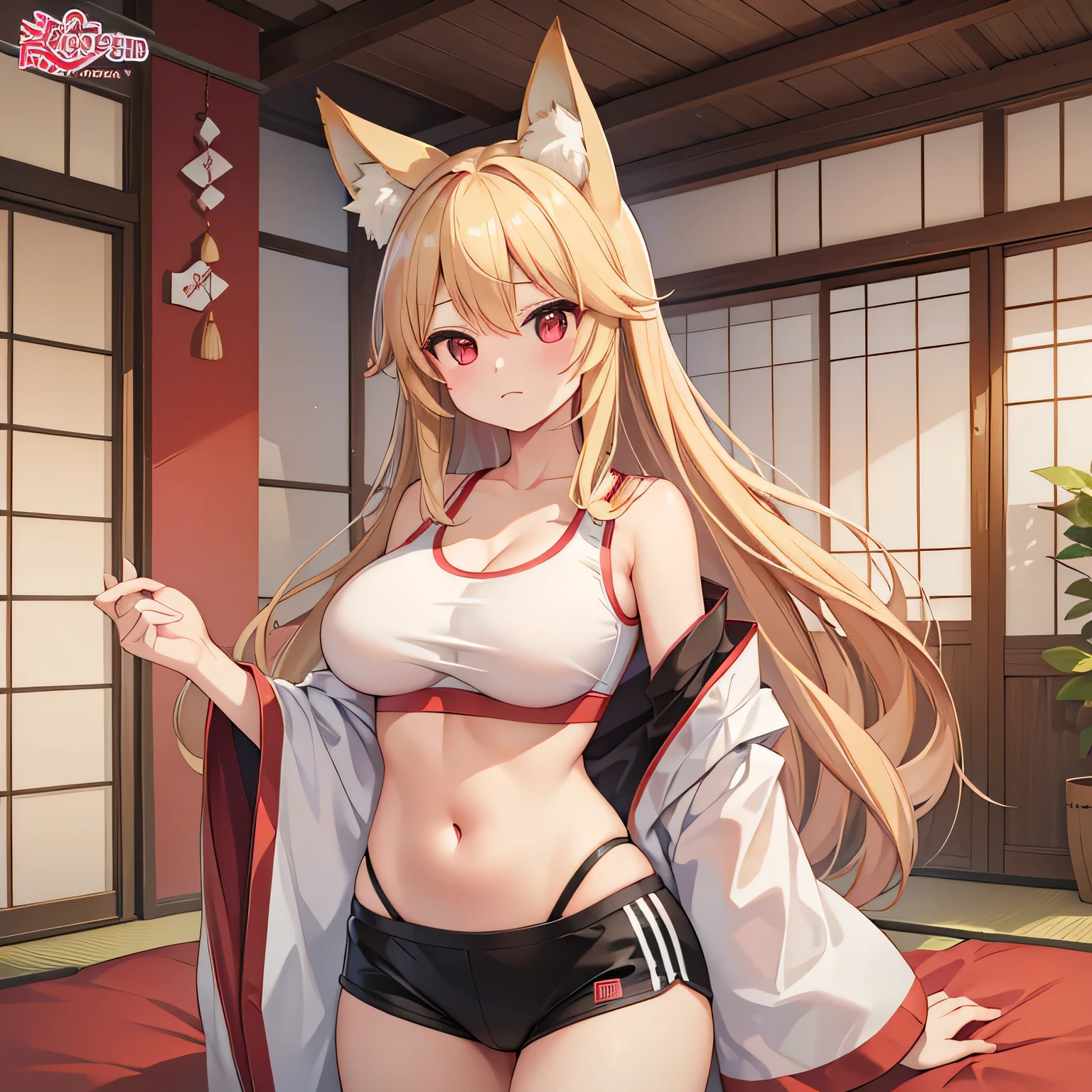 highest quality、、Big Breasts、Underboob、Fox ears、Long blonde、Red Eye、Sports Bra、mile、Japanese-style room